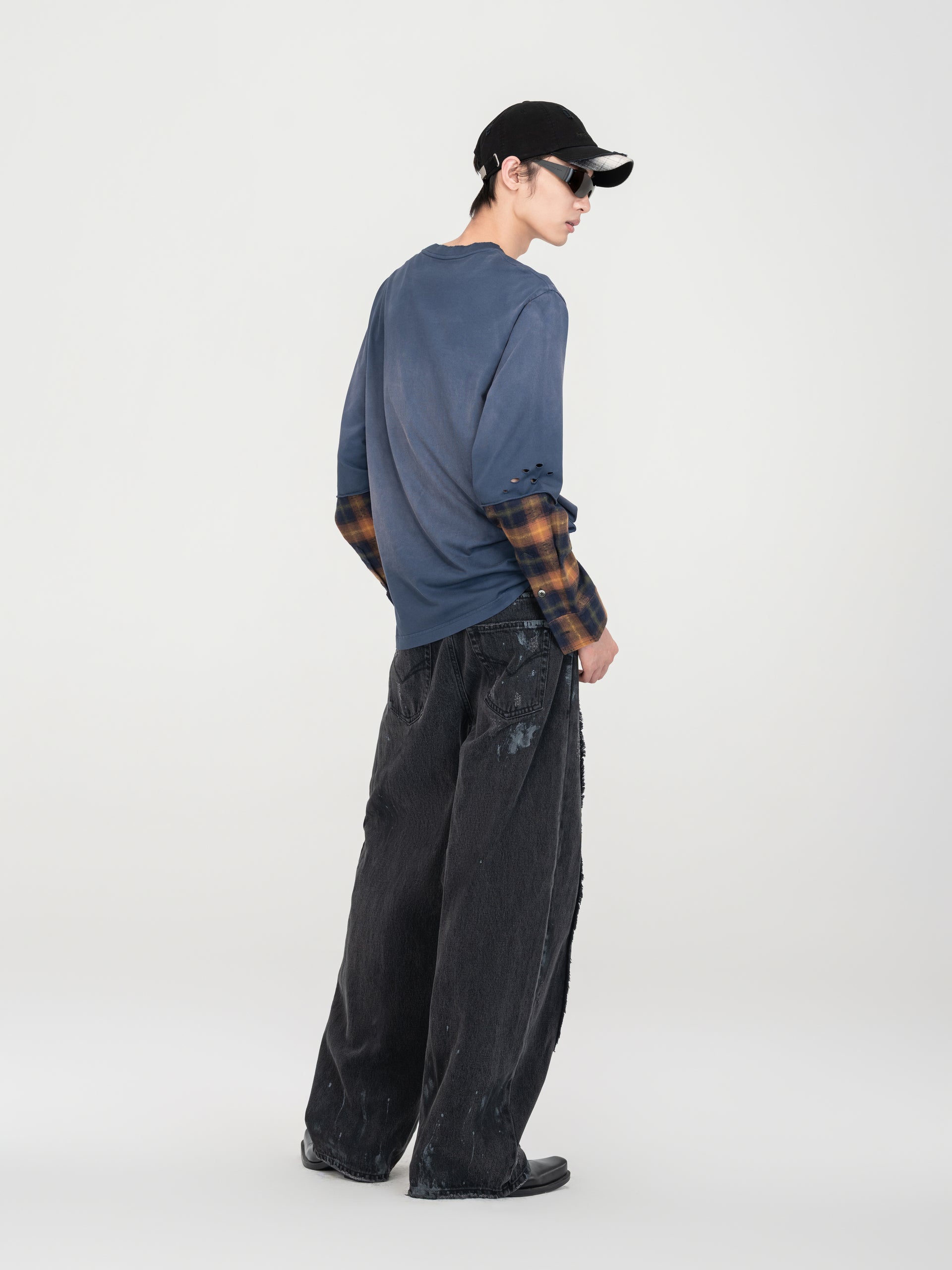 NAVY GRADIENT WASHED PATCHWORK LONG-SLEEVE T-SHIRT