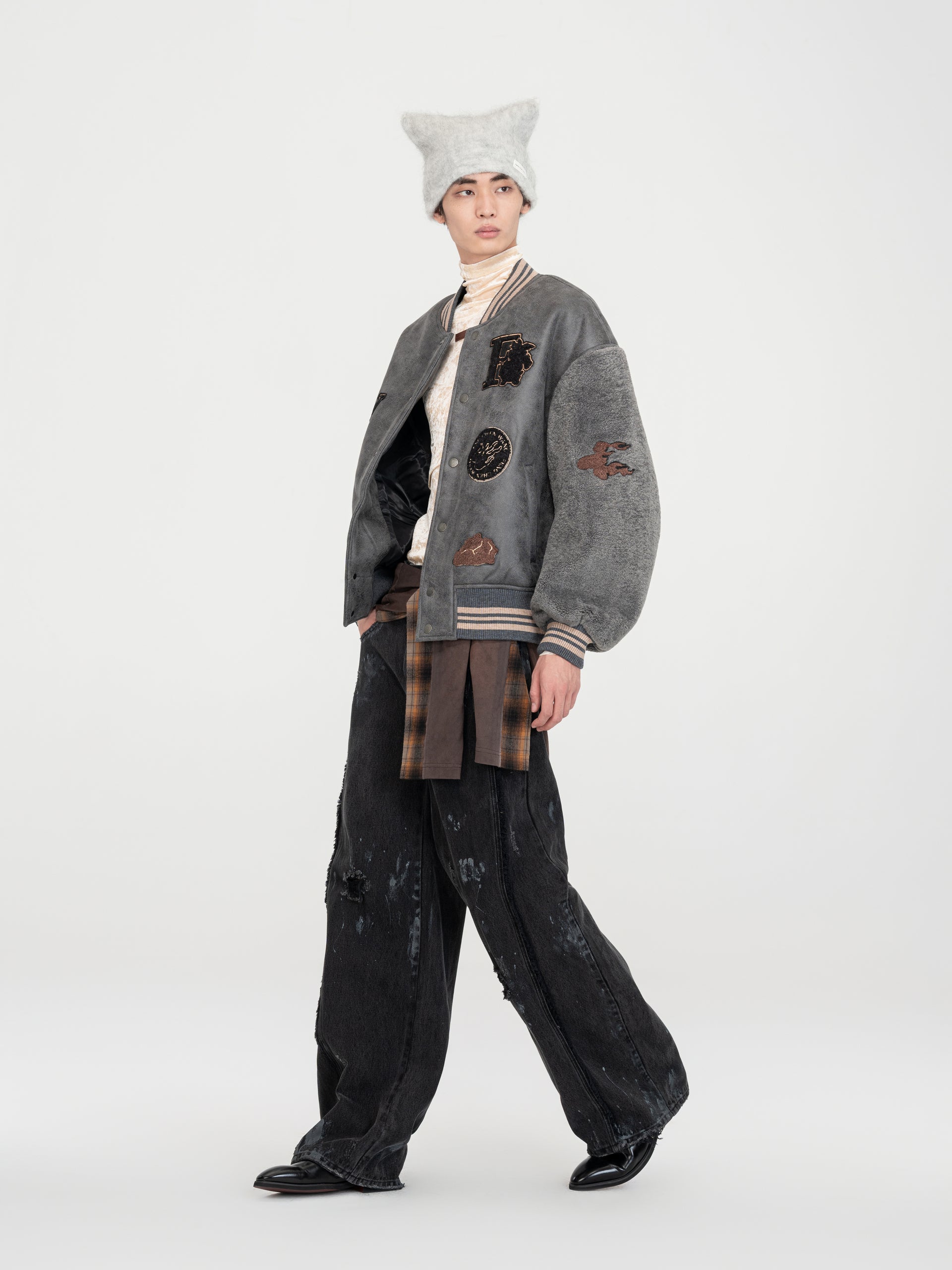 FAUX SHEARLING BOMBER JACKET WITH BADGE PATCHES - Feng Chen Wang