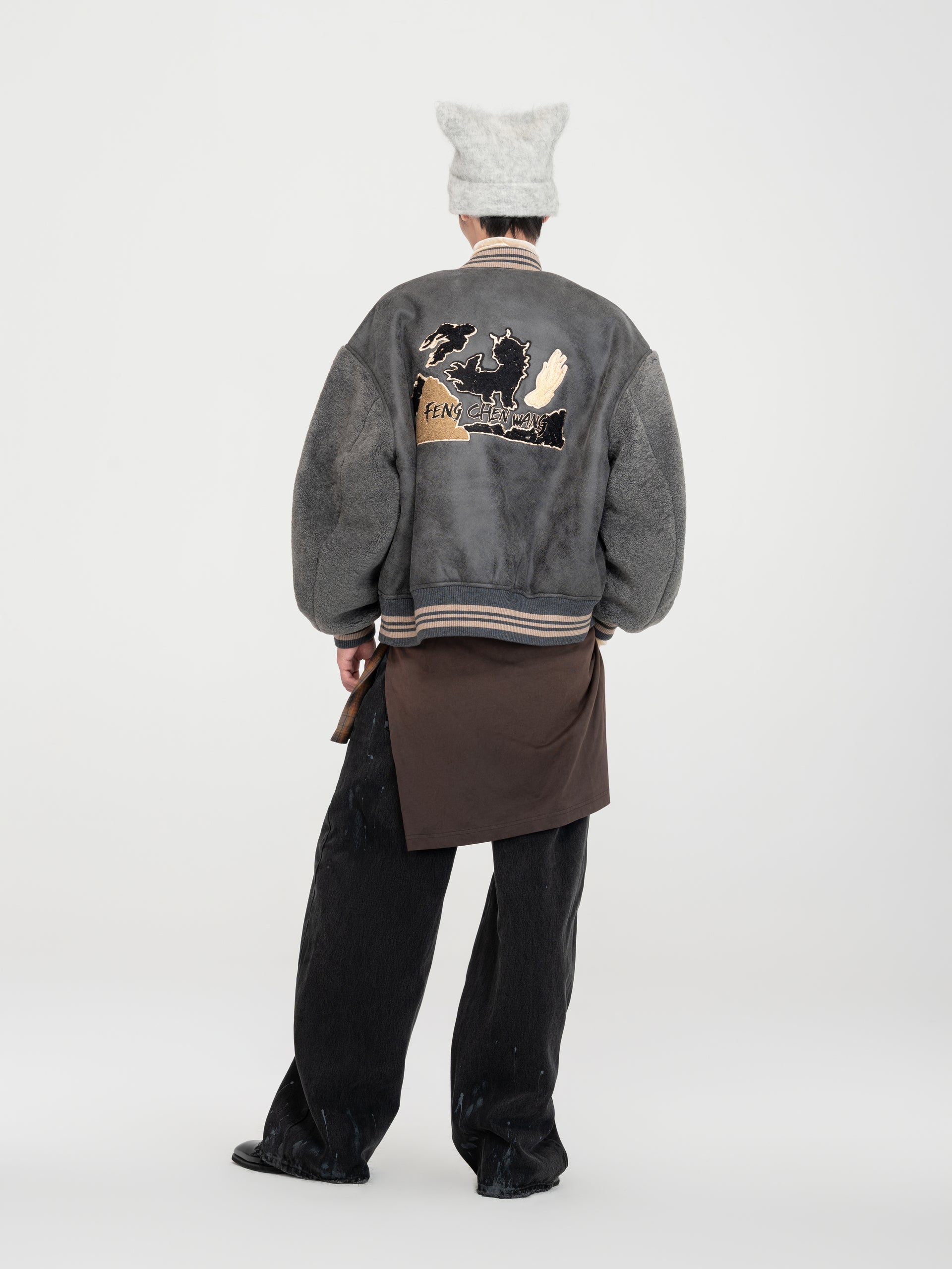FAUX SHEARLING BOMBER JACKET WITH BADGE PATCHES - Feng Chen Wang