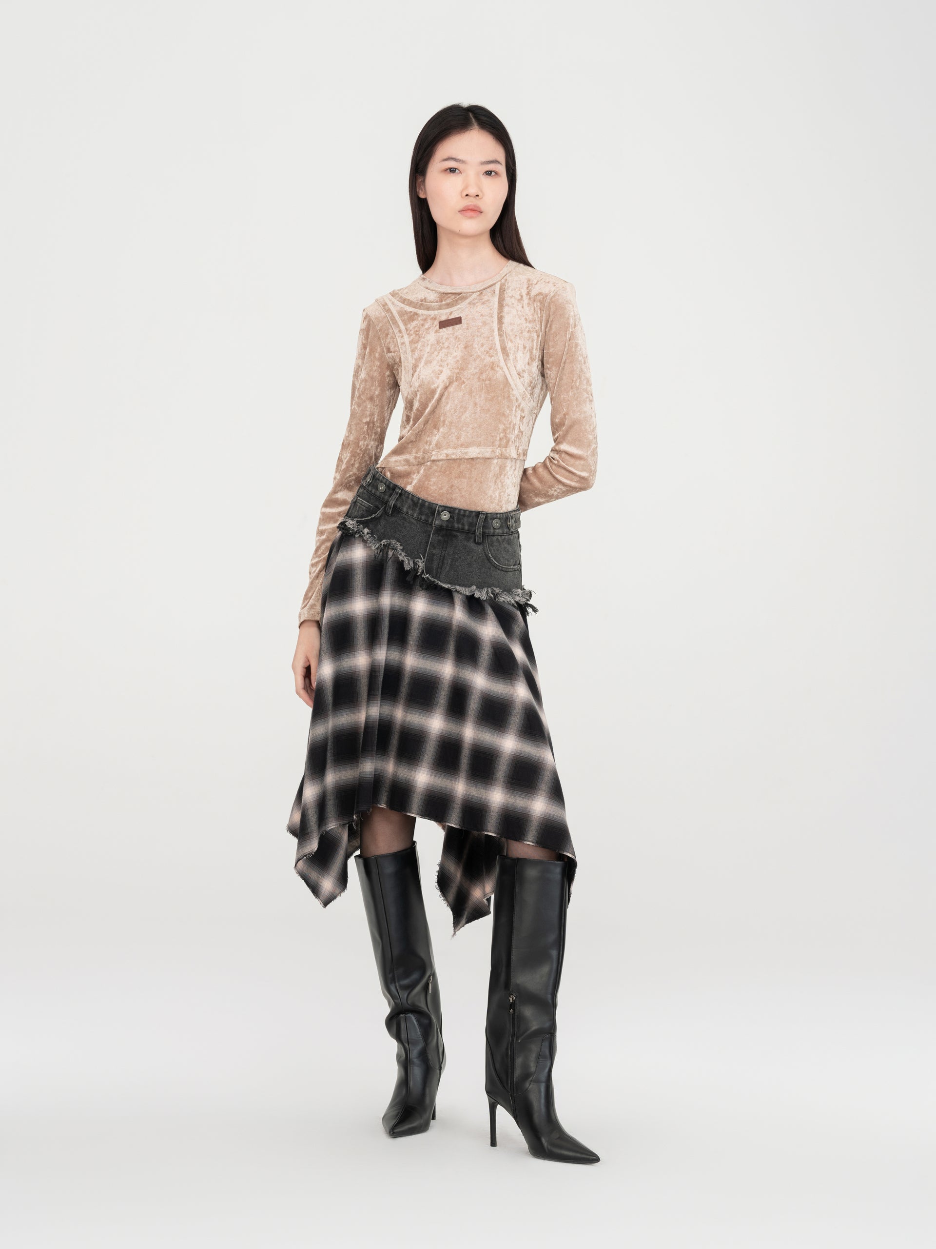 2 IN 1 DENIM & PLAID MIDI SKIRT