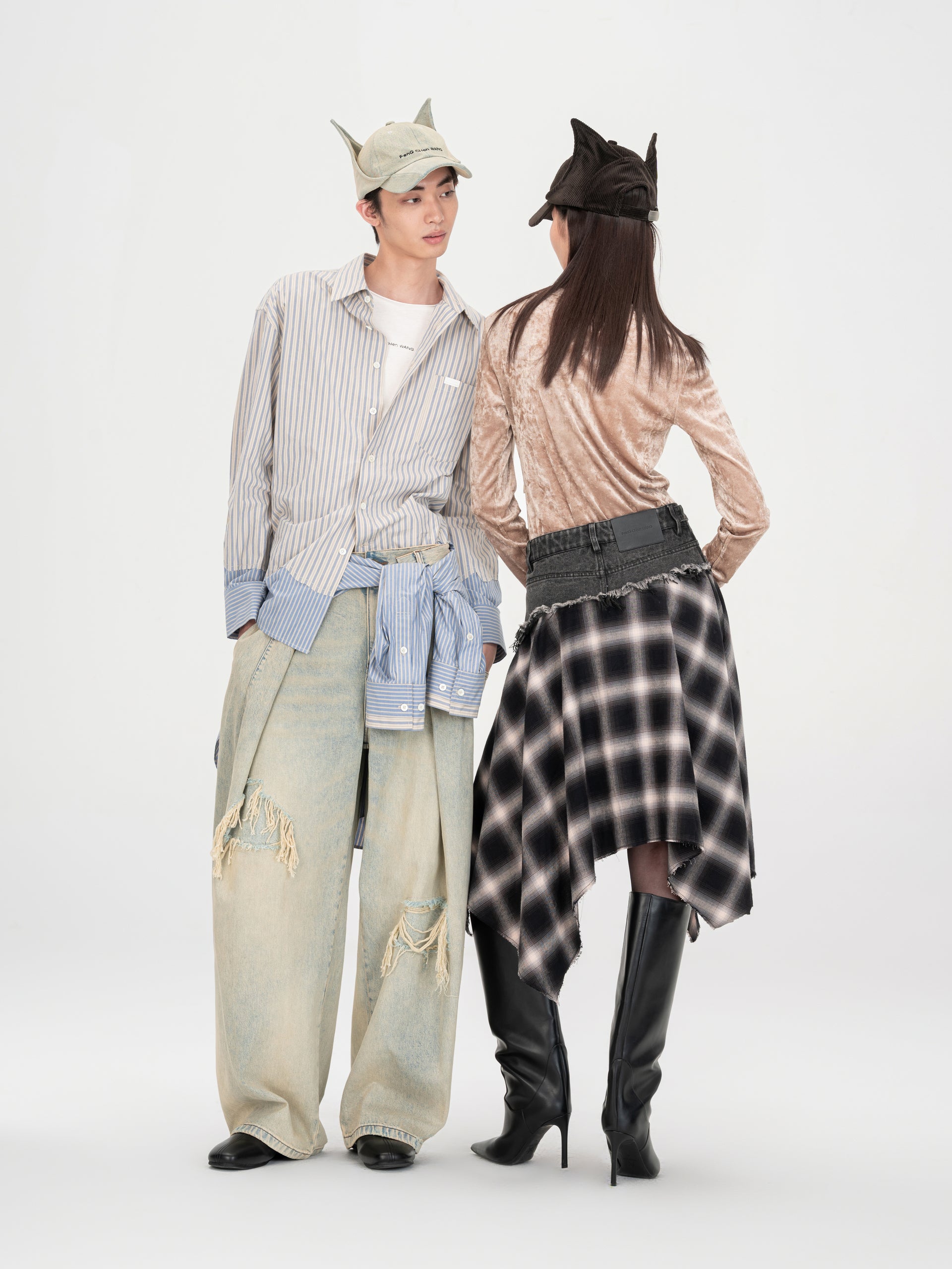 2 IN 1 DENIM & PLAID MIDI SKIRT