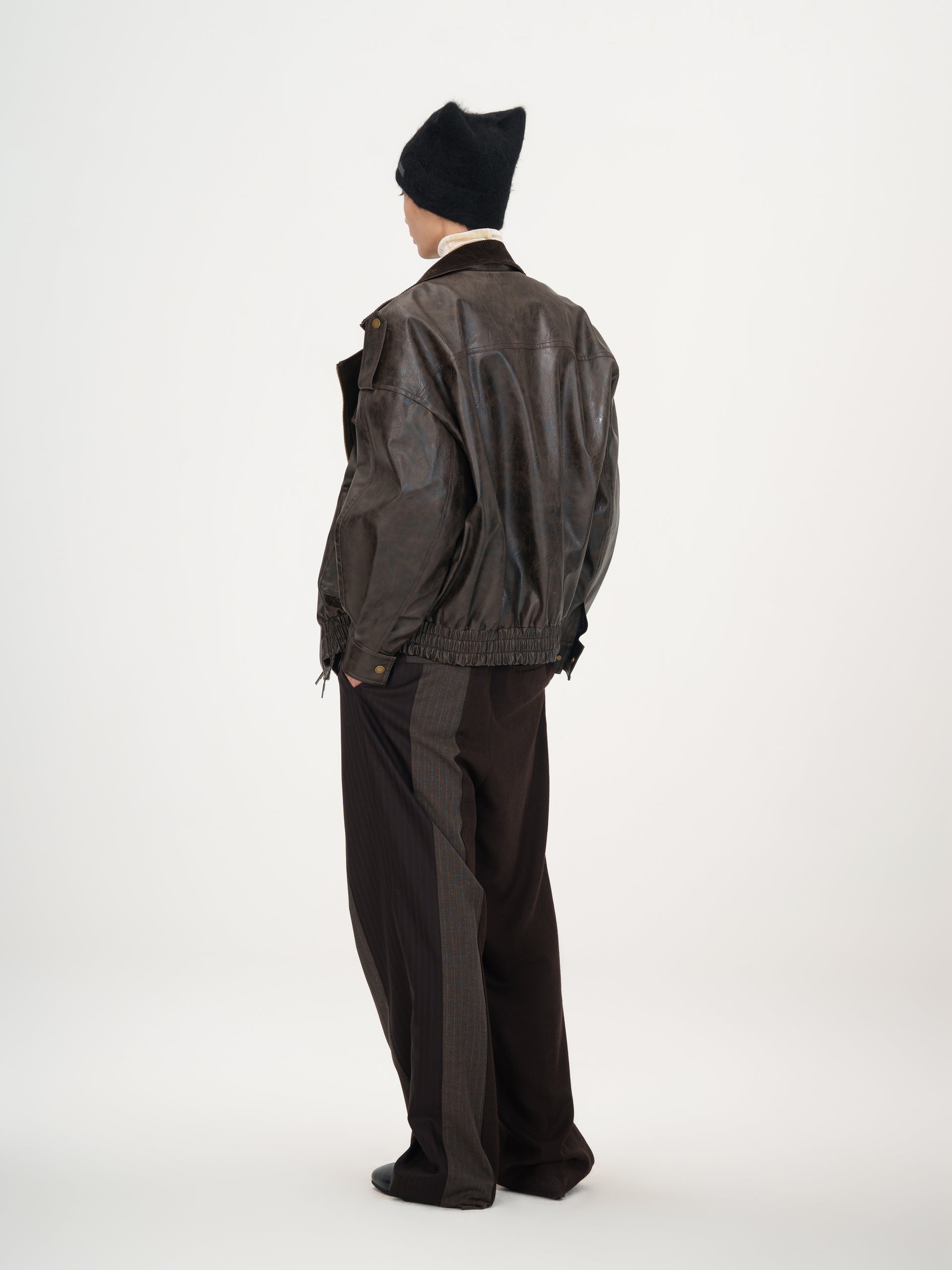 BROWN VINTAGE-EFFECT PU LEATHER STAND COLLAR BIKER JACKET - Feng Chen Wang