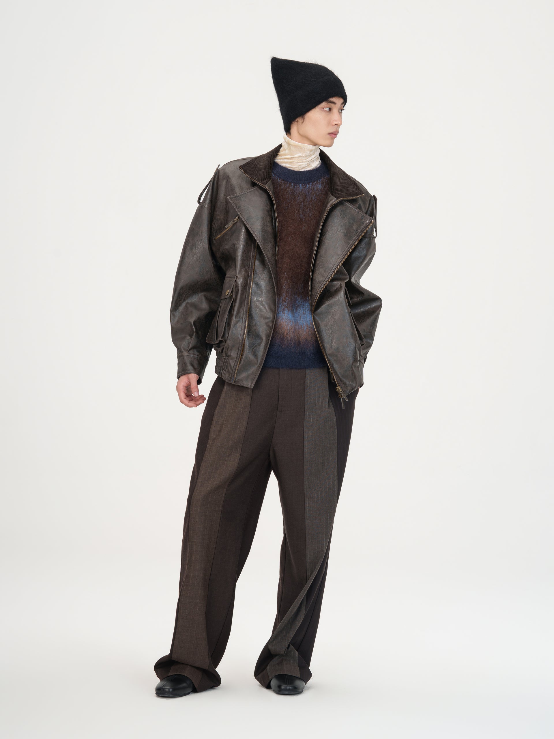 BROWN VINTAGE-EFFECT PU LEATHER STAND COLLAR BIKER JACKET - Feng Chen Wang