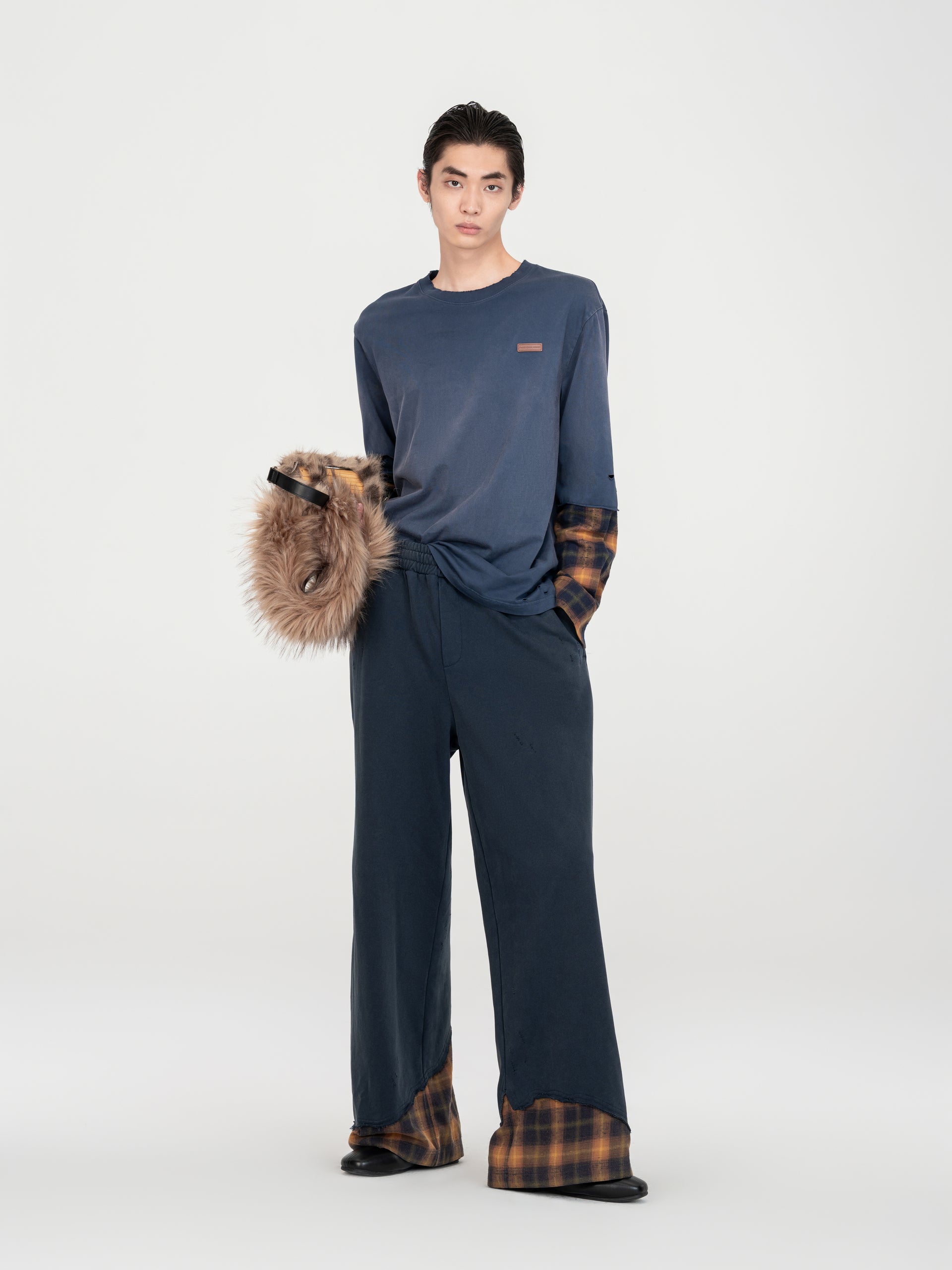 NAVY PLAID-PANEL PANTS