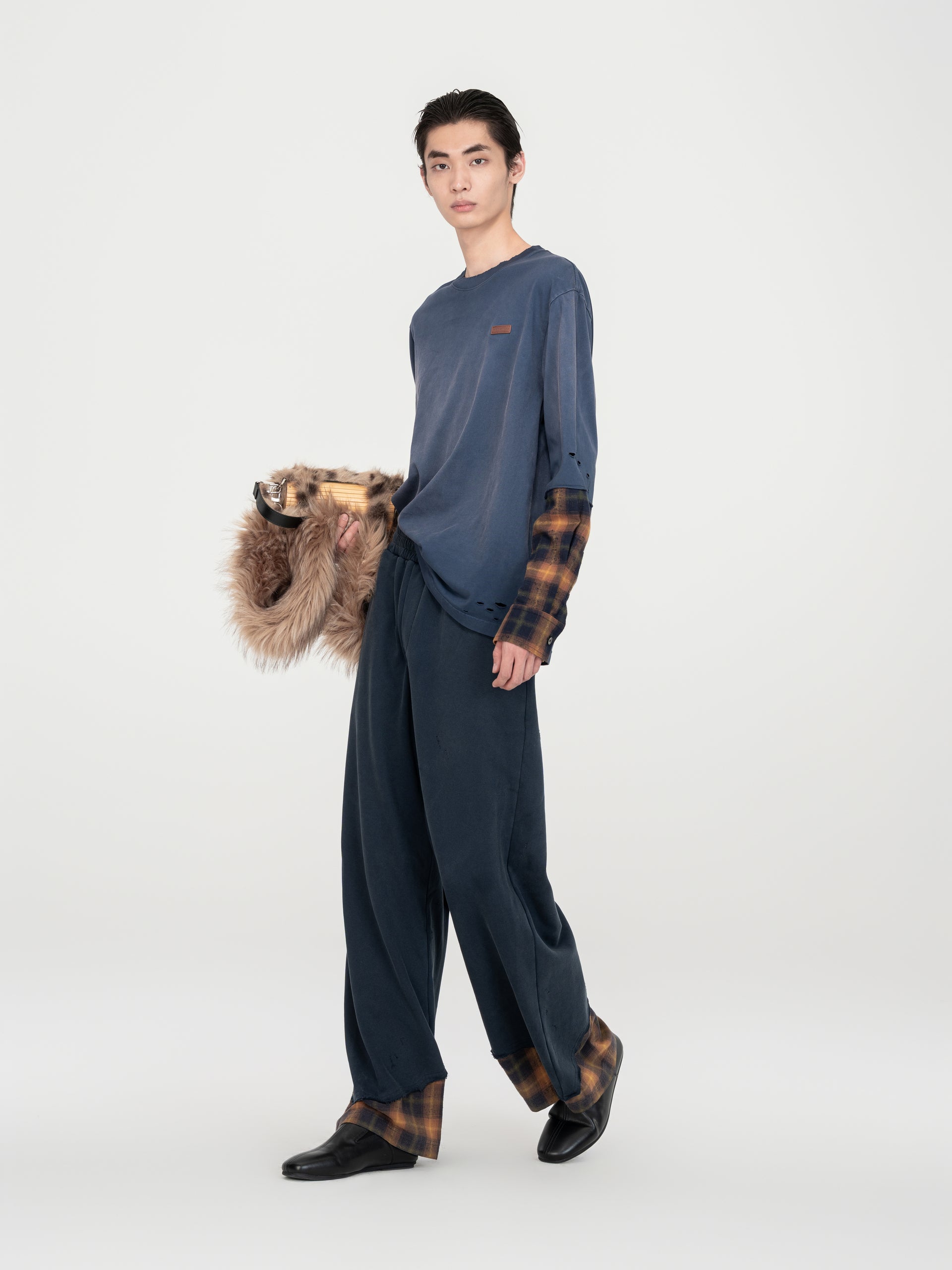 NAVY PLAID-PANEL PANTS