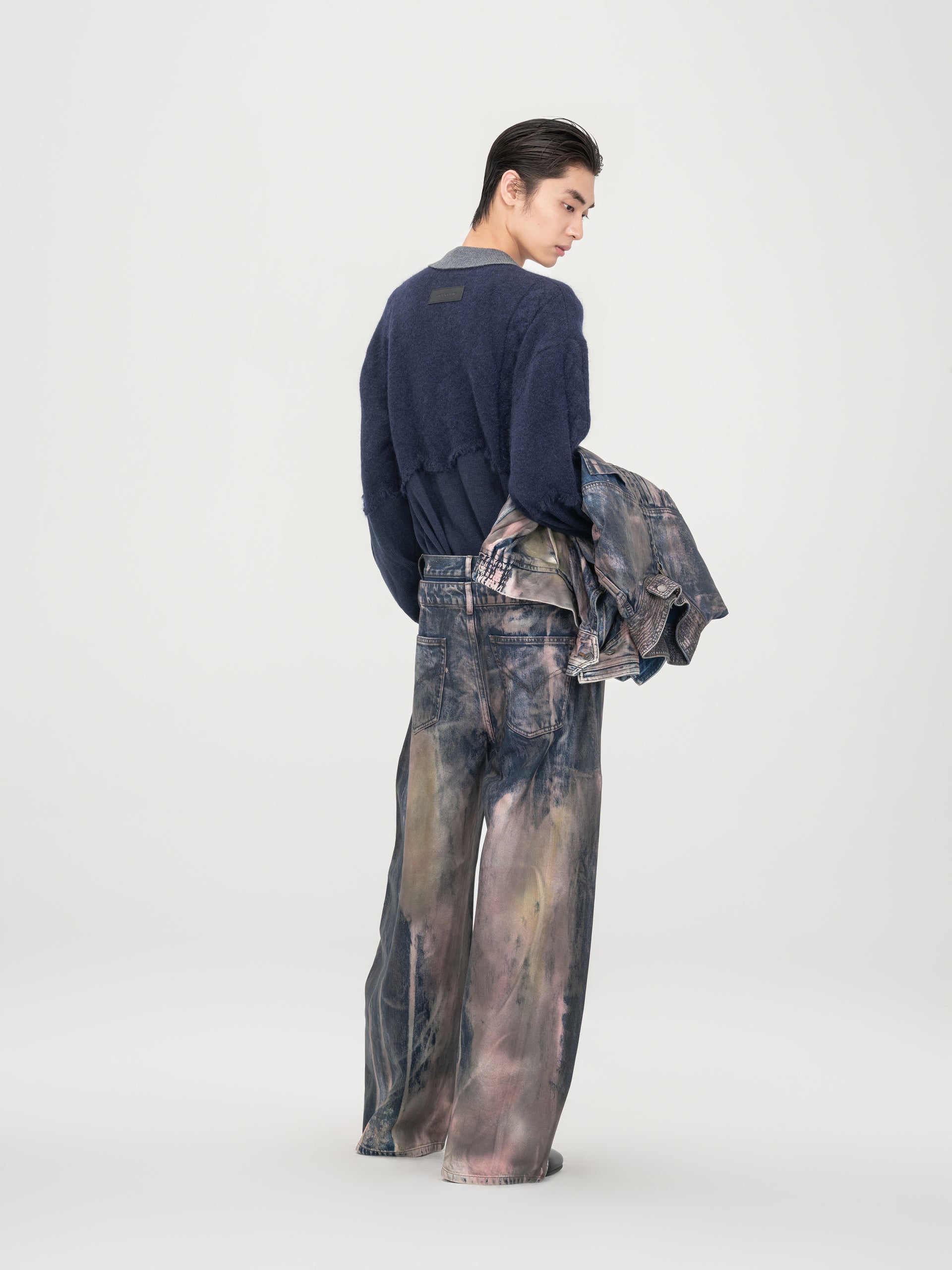 BROWN ARTISTICALLY TIE-DYED COATED DENIM PANTS