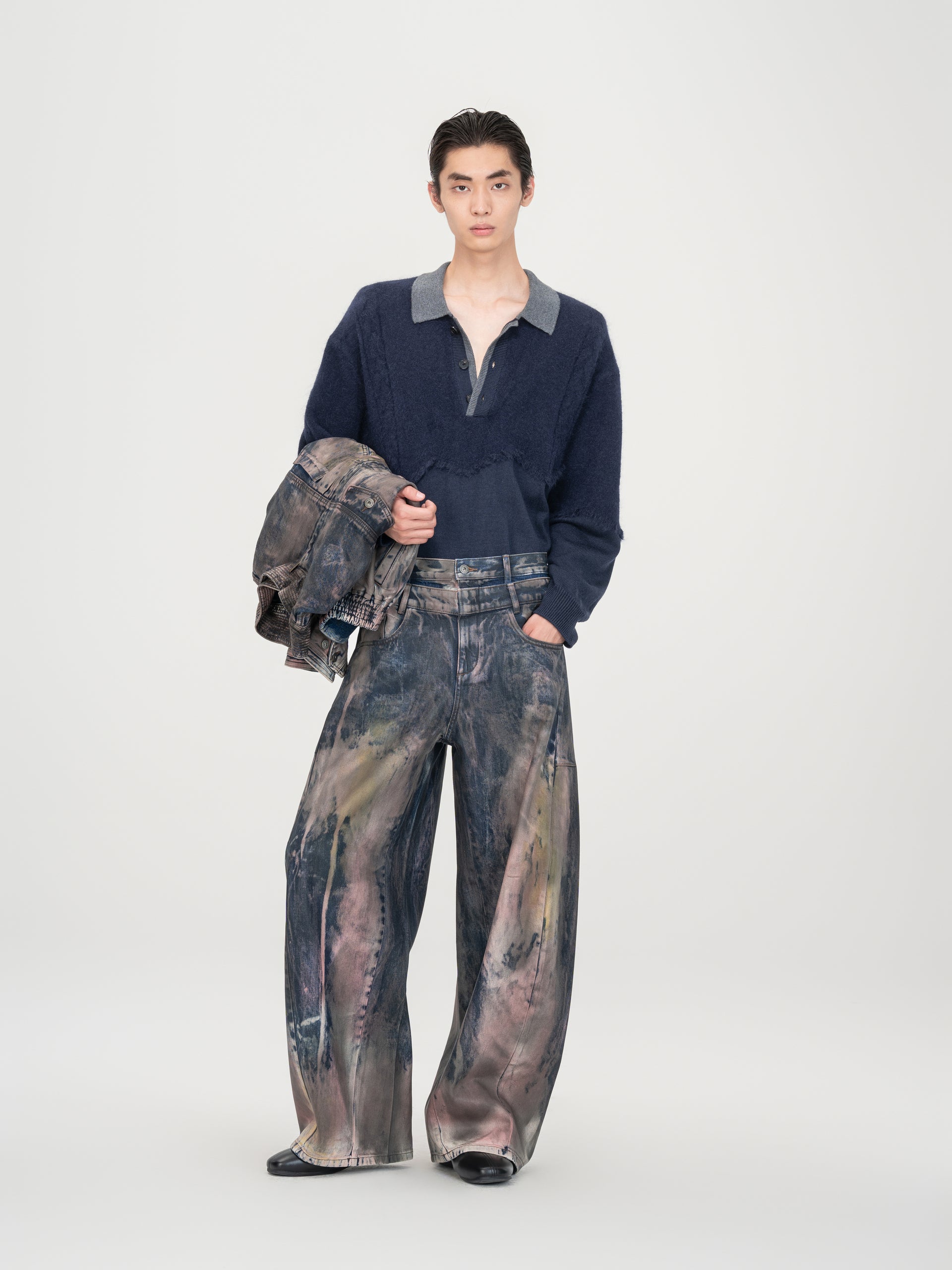 BROWN ARTISTICALLY TIE-DYED COATED DENIM PANTS