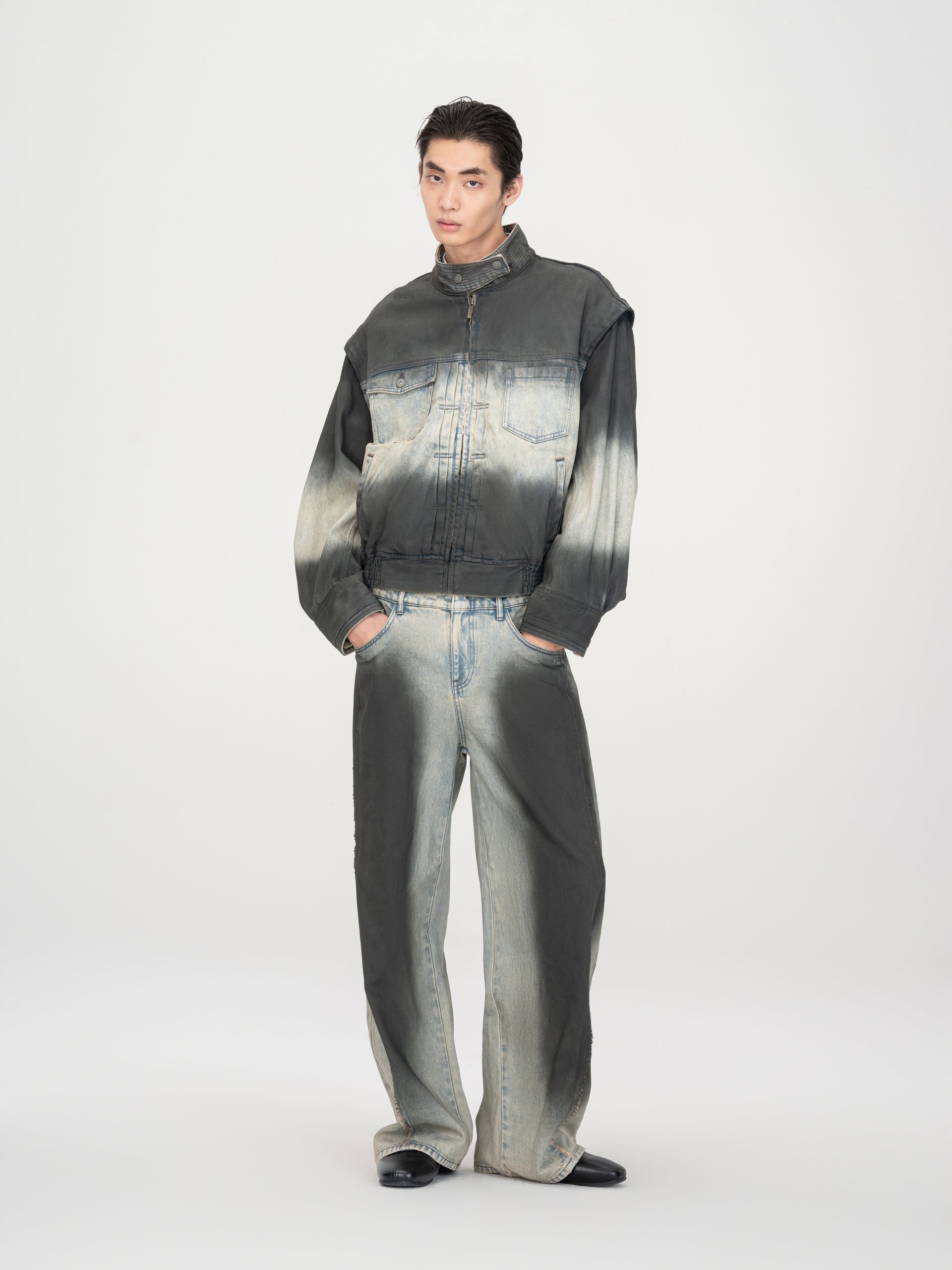 BLUE-TO-BLACK OMBRE DENIM STAND-COLLAR JACKET