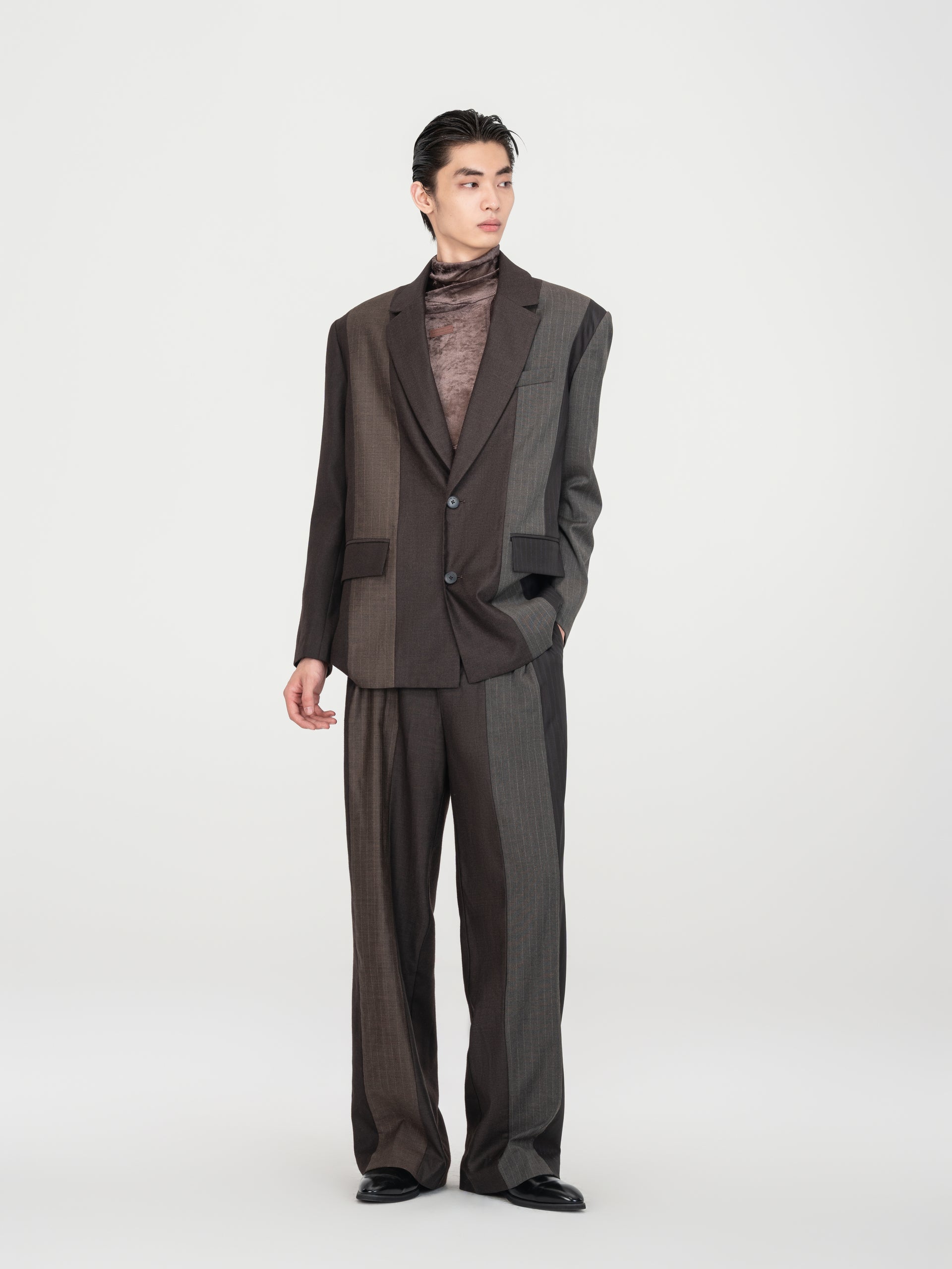 BROWN STRIPED AND SOLID PANELED TAILORED TROUSERS