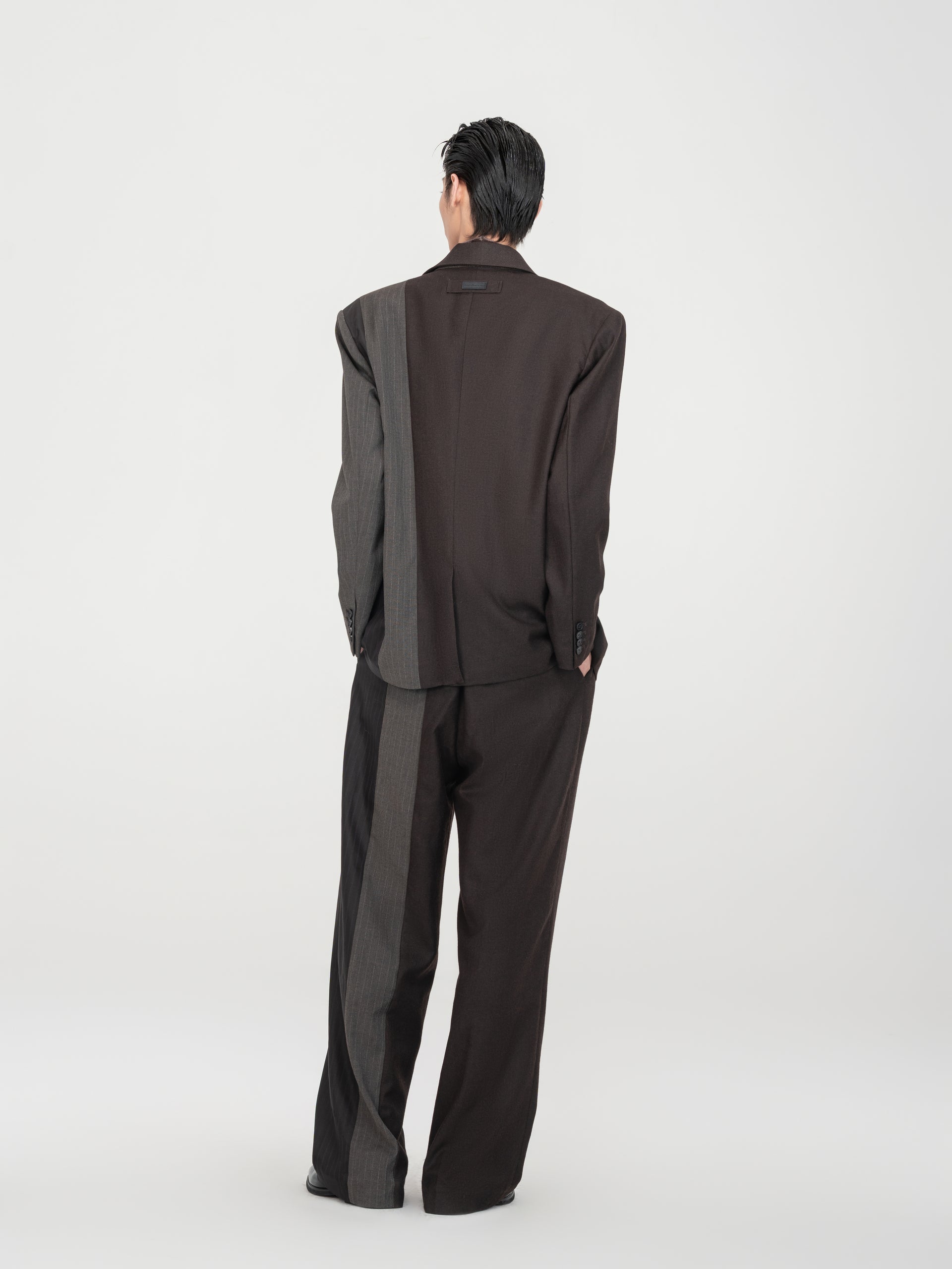 BROWN STRIPED AND SOLID PANELED TAILORED TROUSERS