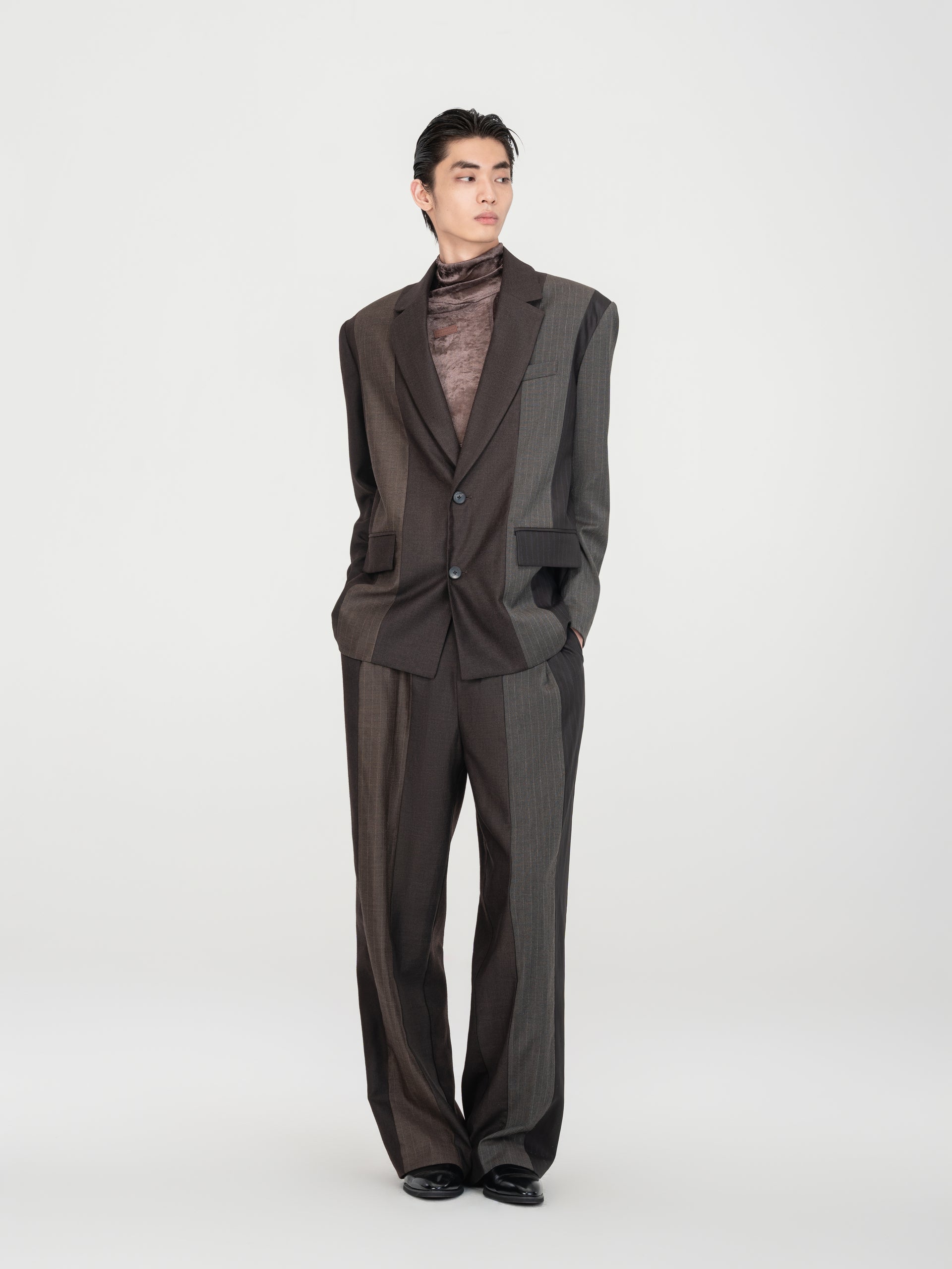 BROWN STRIPED AND SOLID PANELED TAILORED TROUSERS