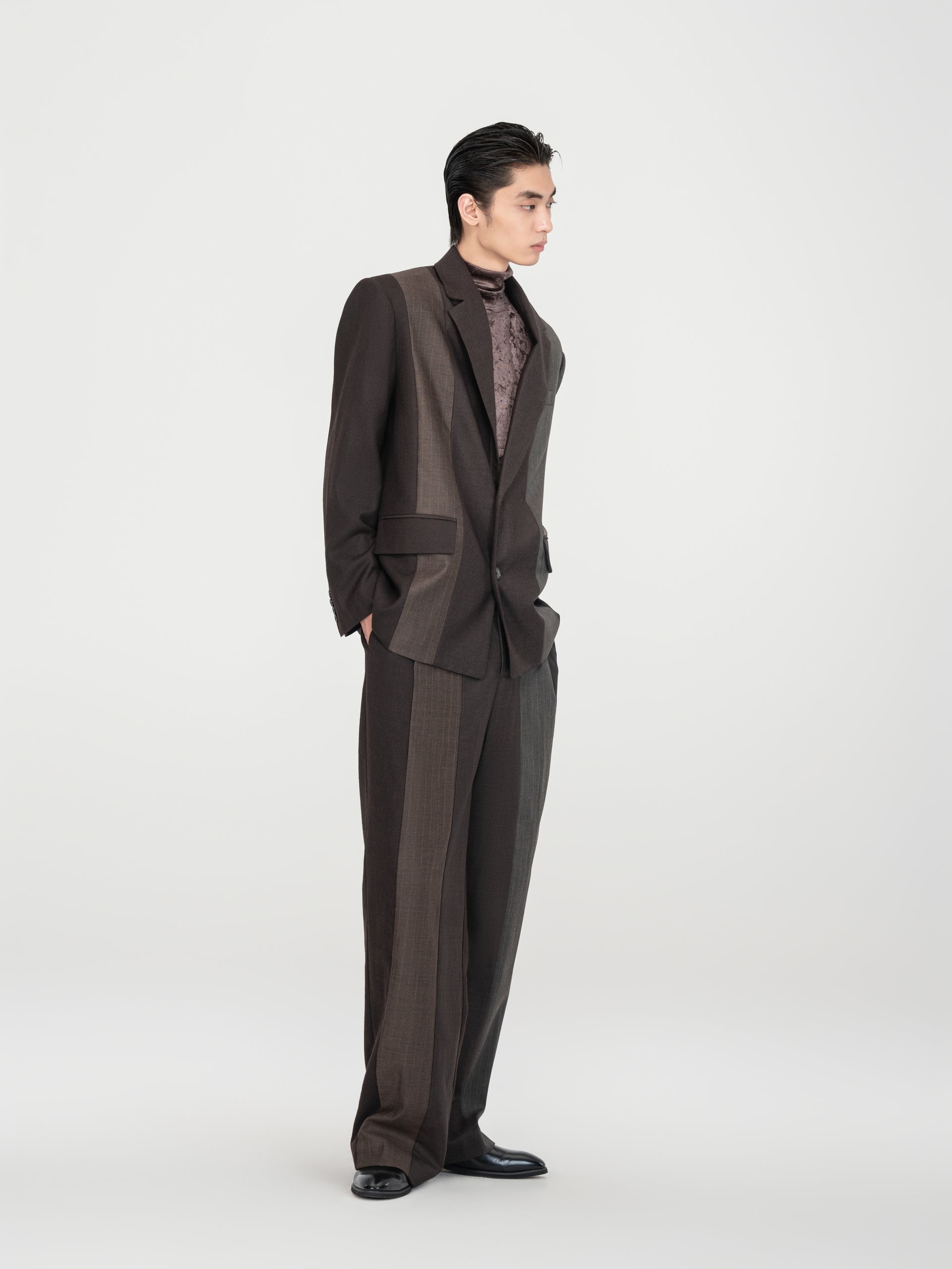 BROWN STRIPED AND SOLID PANELED TAILORED TROUSERS