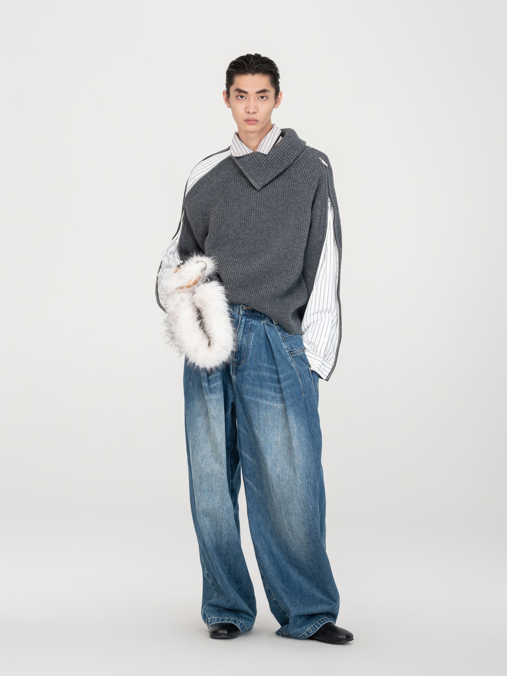 DECONSTRUCTED SHIRT FABRIC SWEATER WITH PATCHWORK