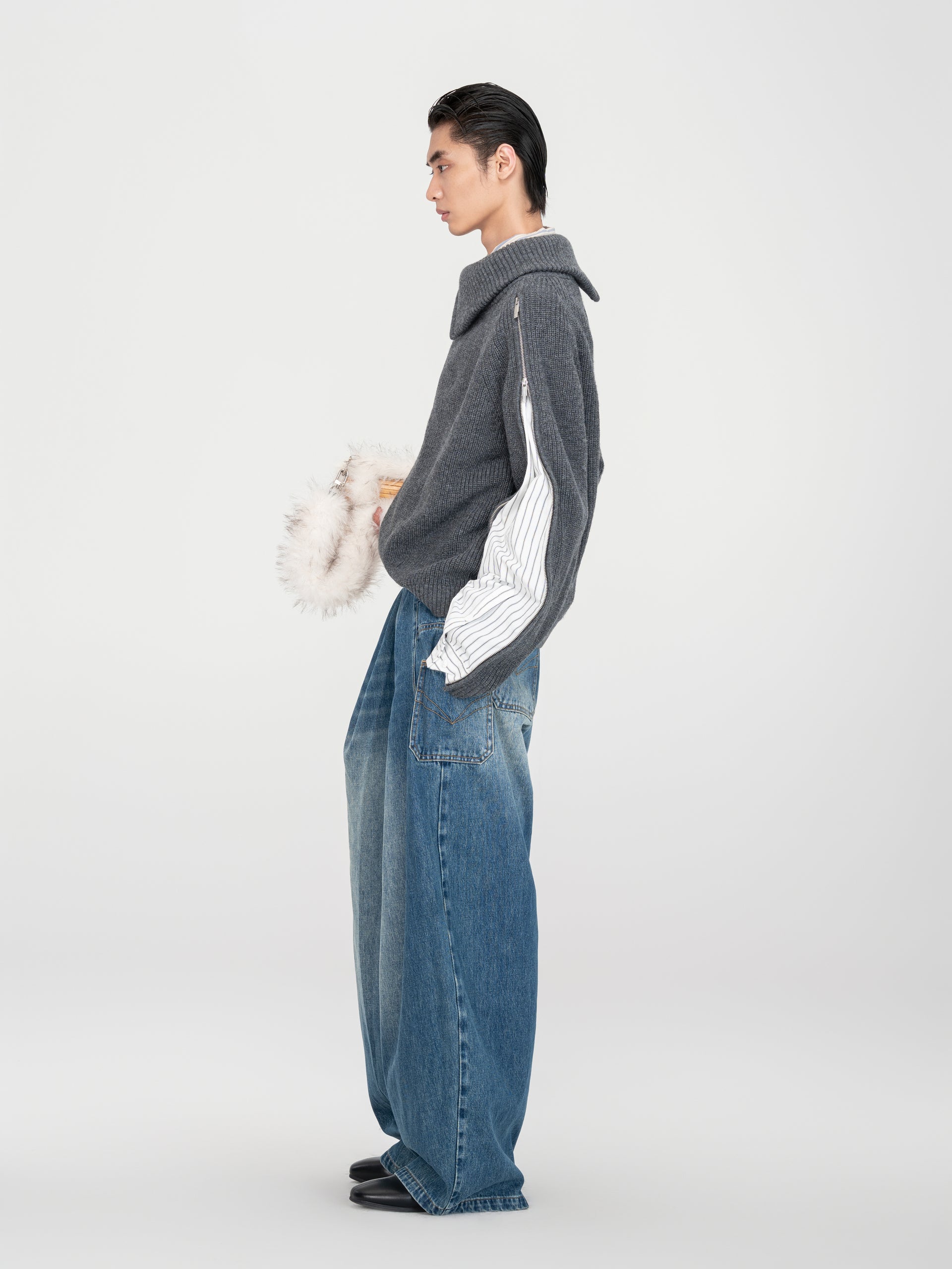 DECONSTRUCTED SHIRT FABRIC SWEATER WITH PATCHWORK