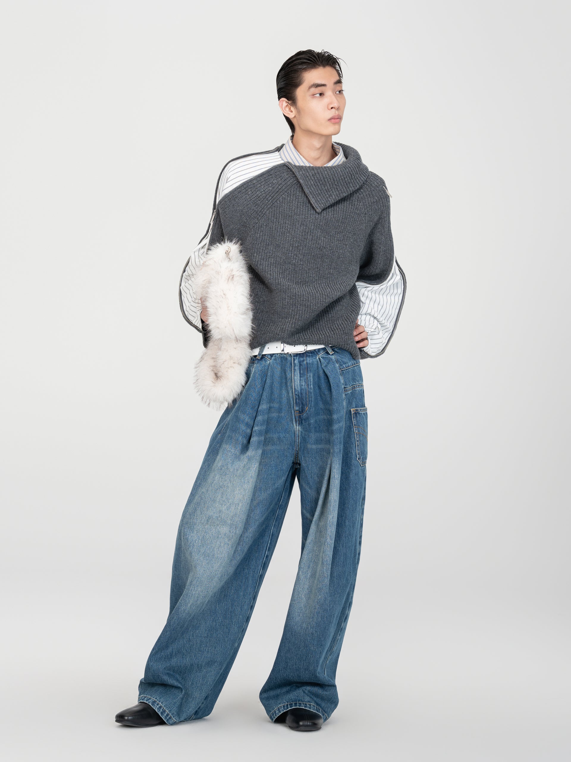 DECONSTRUCTED SHIRT FABRIC SWEATER WITH PATCHWORK