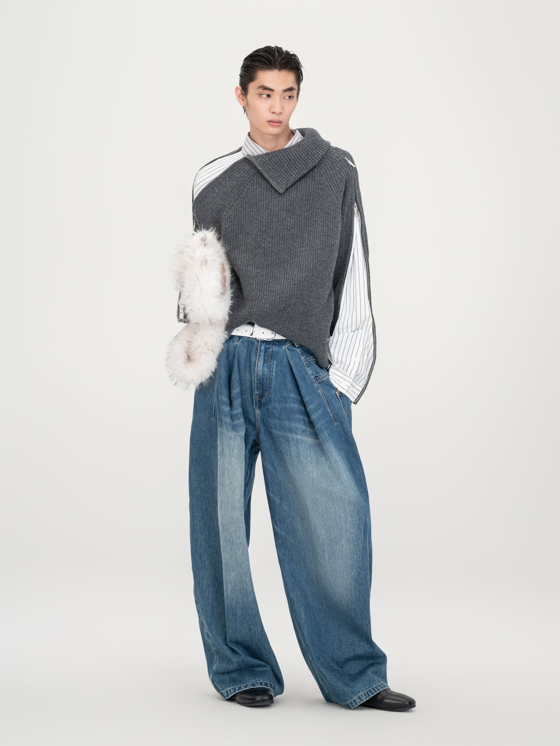 BLUE WASHED DECONSTRUCTED DENIM PANTS