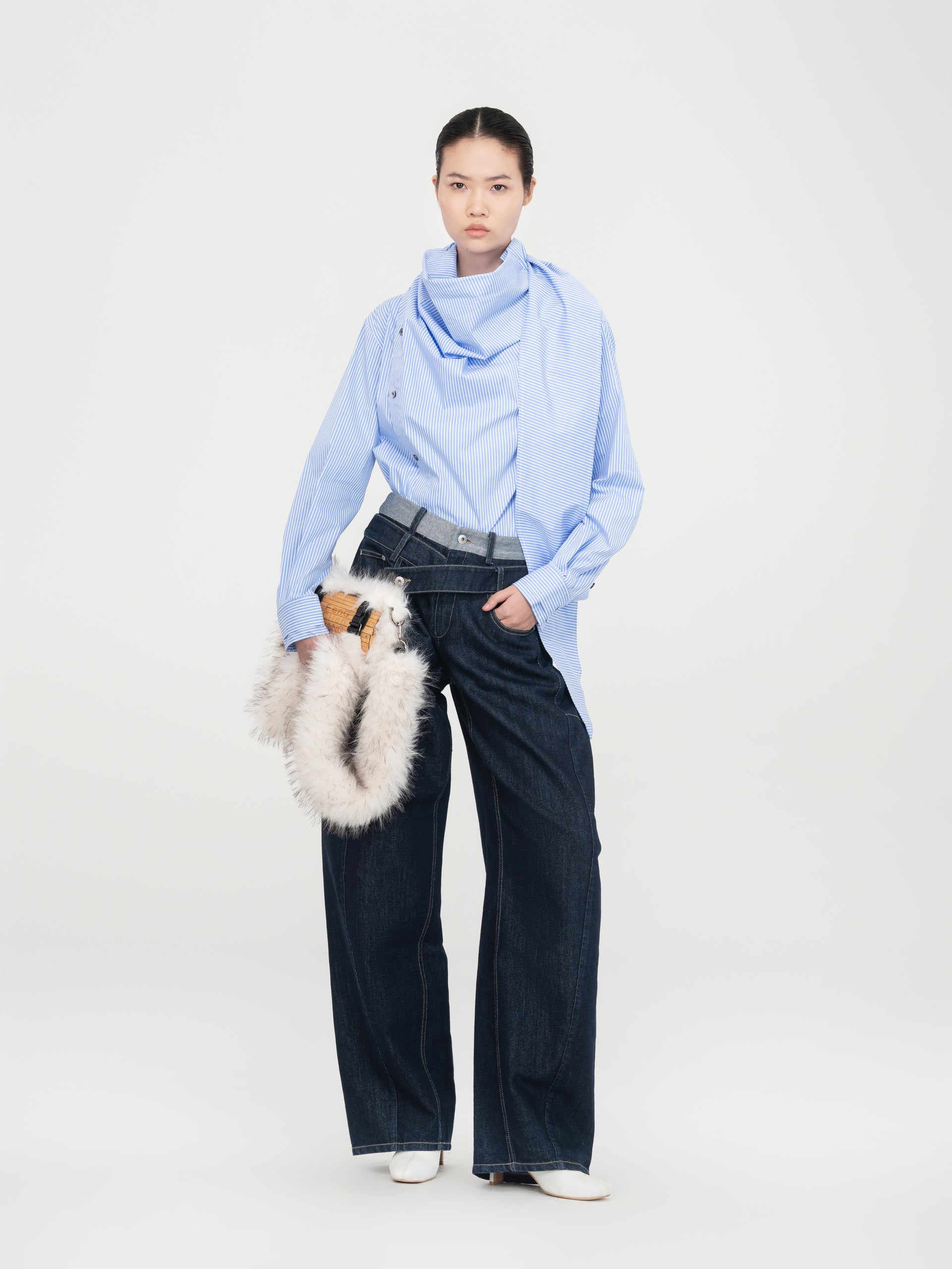 BLUE DRAPED BLOUSE WITH SCARF
