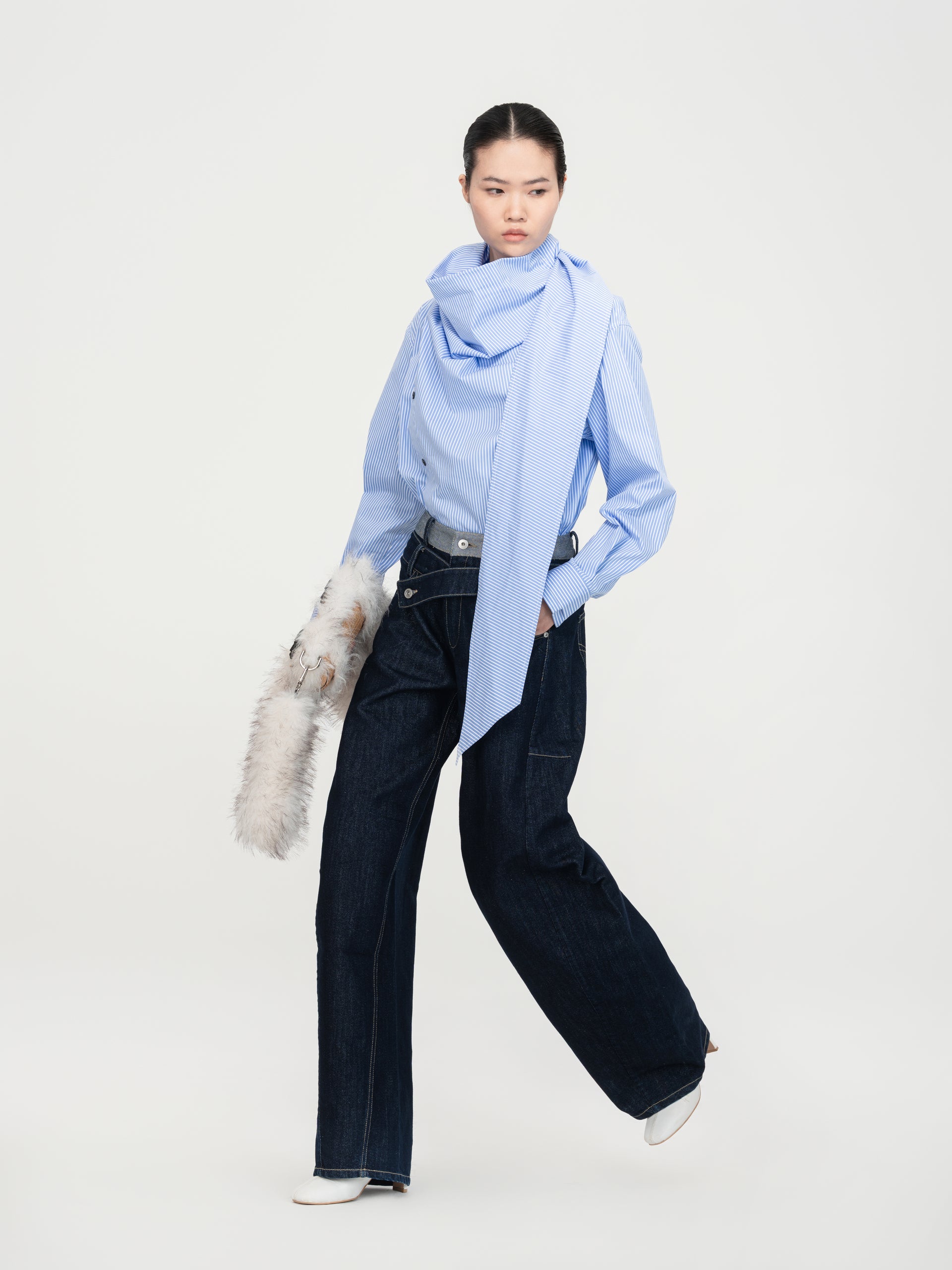 NAVY METALLIC DOUBLE WAISTBAND DENIM PANTS