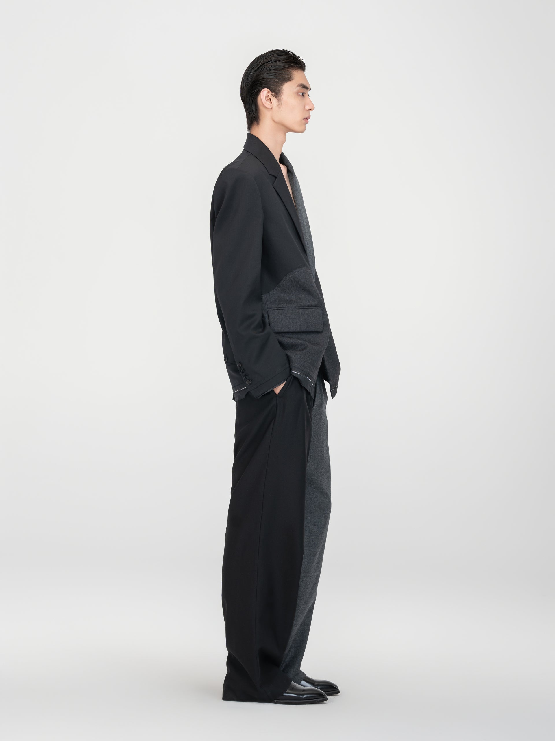 BLACK & CHARCOAL PANELED DECONSTRUCTED WOOL BLAZER