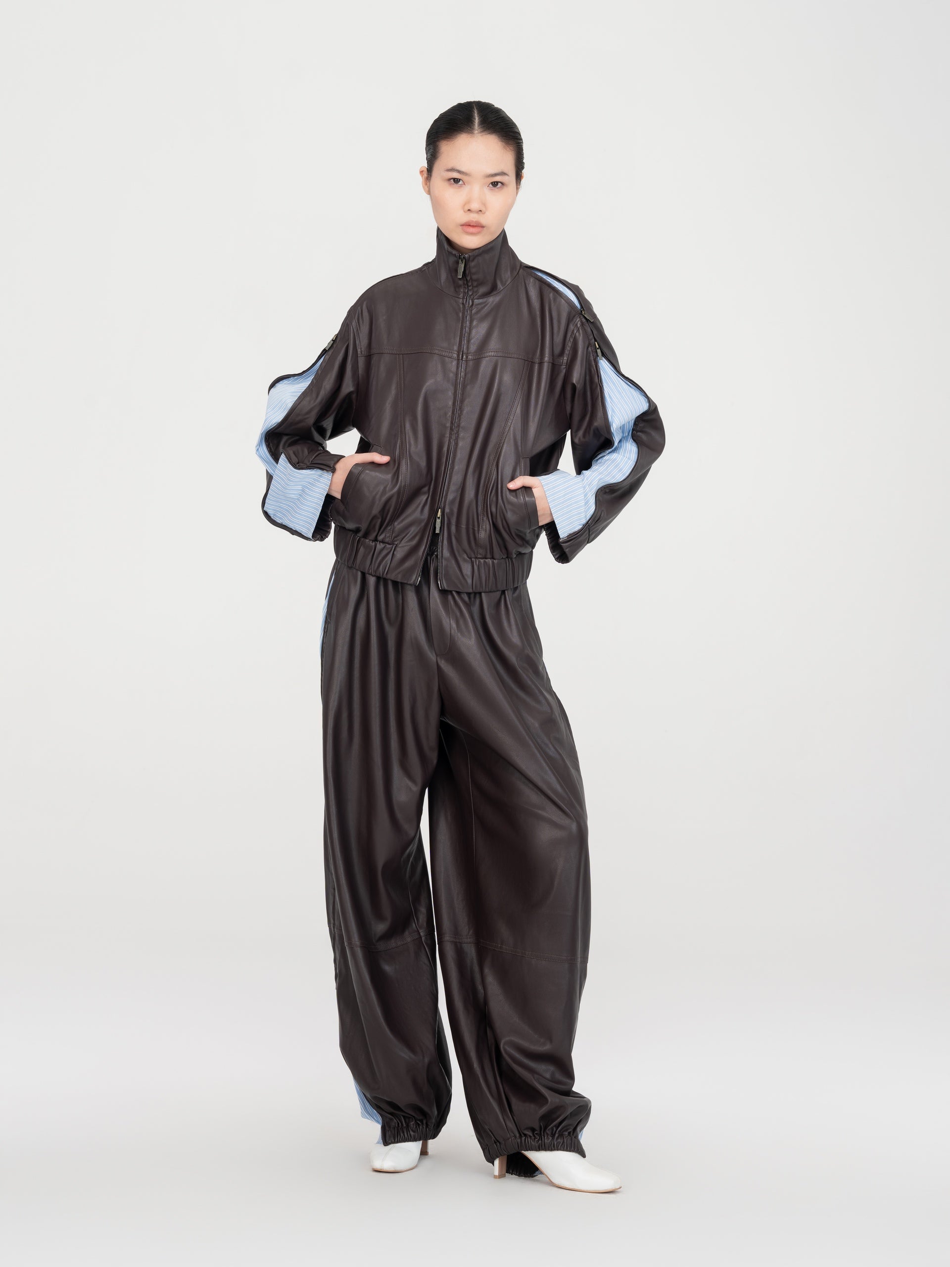 STRIPED PANEL STAND COLLAR ZIP JACKET