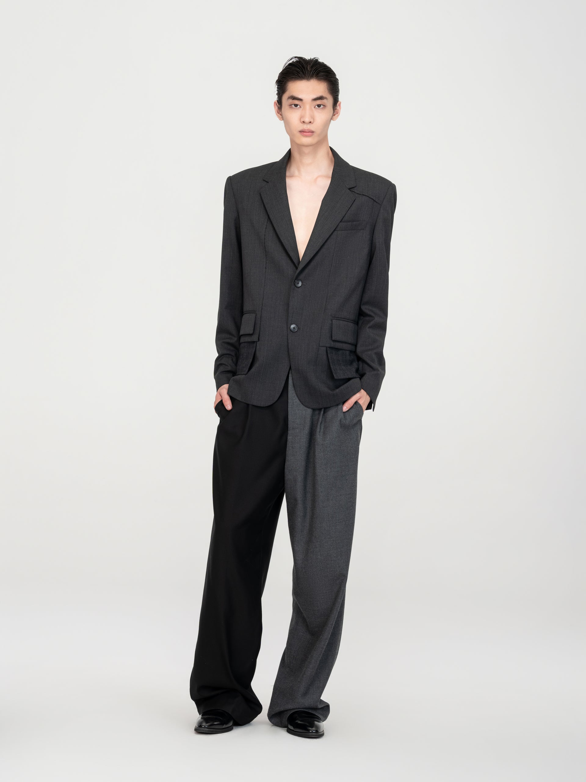 DARK GREY EXPOSED POCKET BAG RAW-EDGE TRIM WOOL BLAZER
