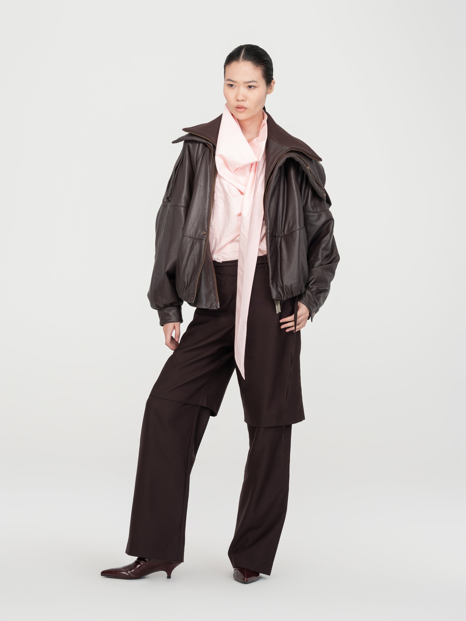 ASYMMETRIC DOUBLE COLLAR FAUX-LEATHER OVERSIZE JACKET WITH SLANTED PLACKET - Feng Chen Wang