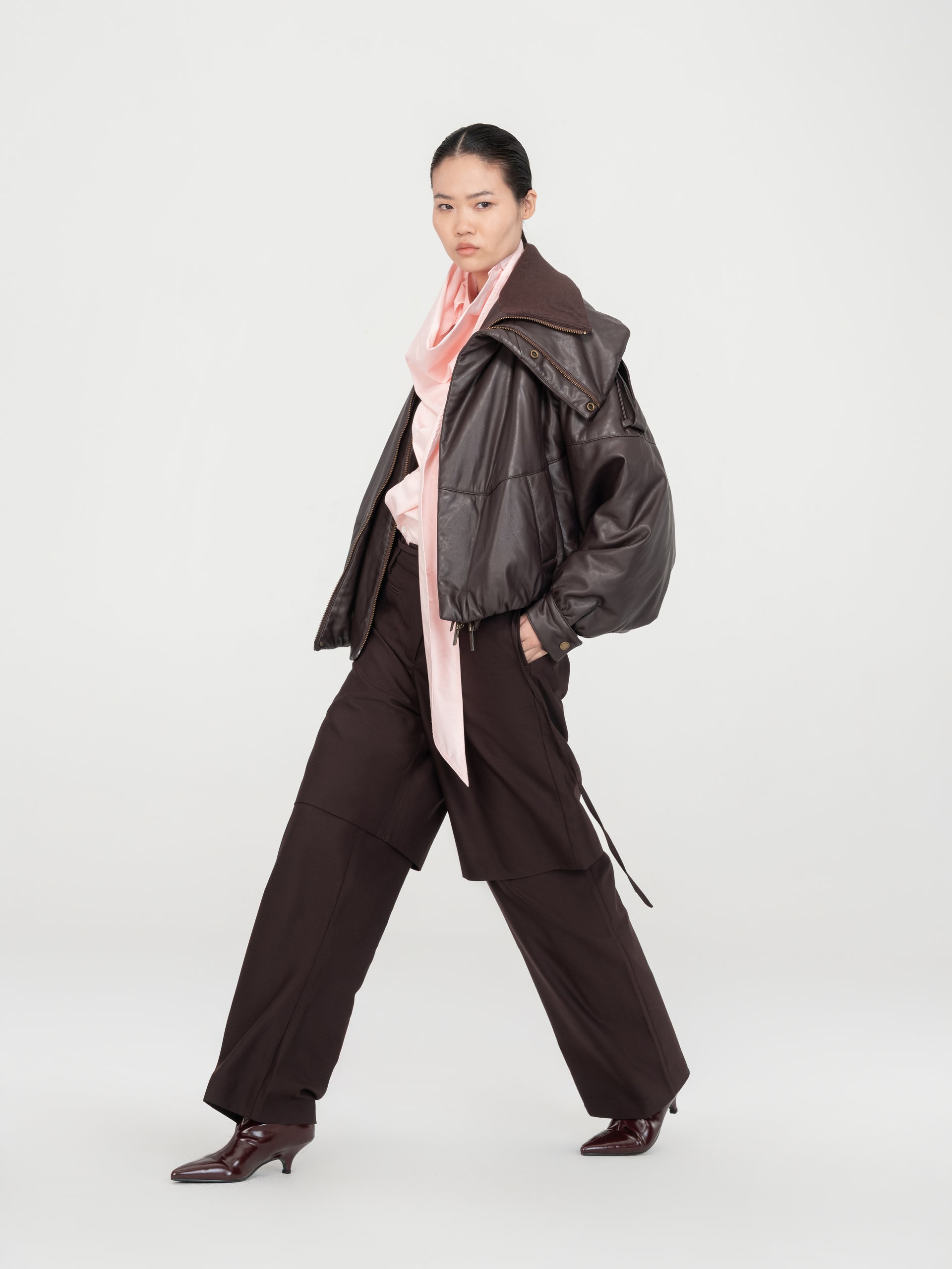 ASYMMETRIC DOUBLE COLLAR FAUX-LEATHER OVERSIZE JACKET WITH SLANTED PLACKET - Feng Chen Wang
