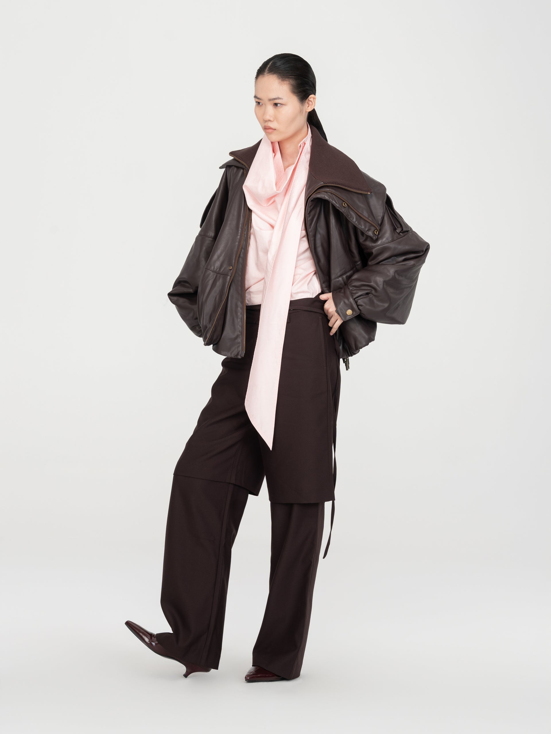 ASYMMETRIC DOUBLE COLLAR FAUX-LEATHER OVERSIZE JACKET WITH SLANTED PLACKET - Feng Chen Wang