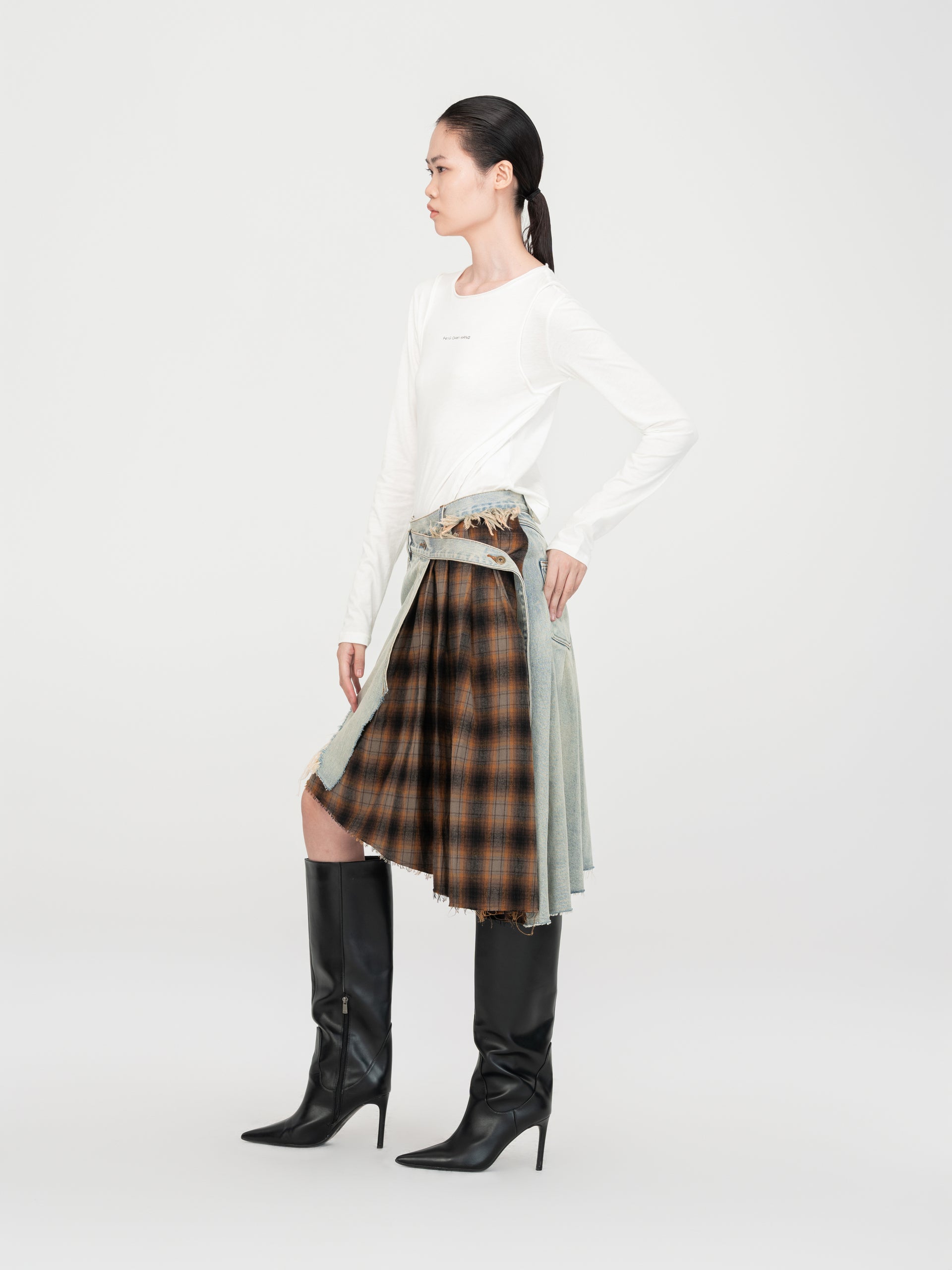 DECONSTRUCTED DENIM & PLAID WRAP SKIRT