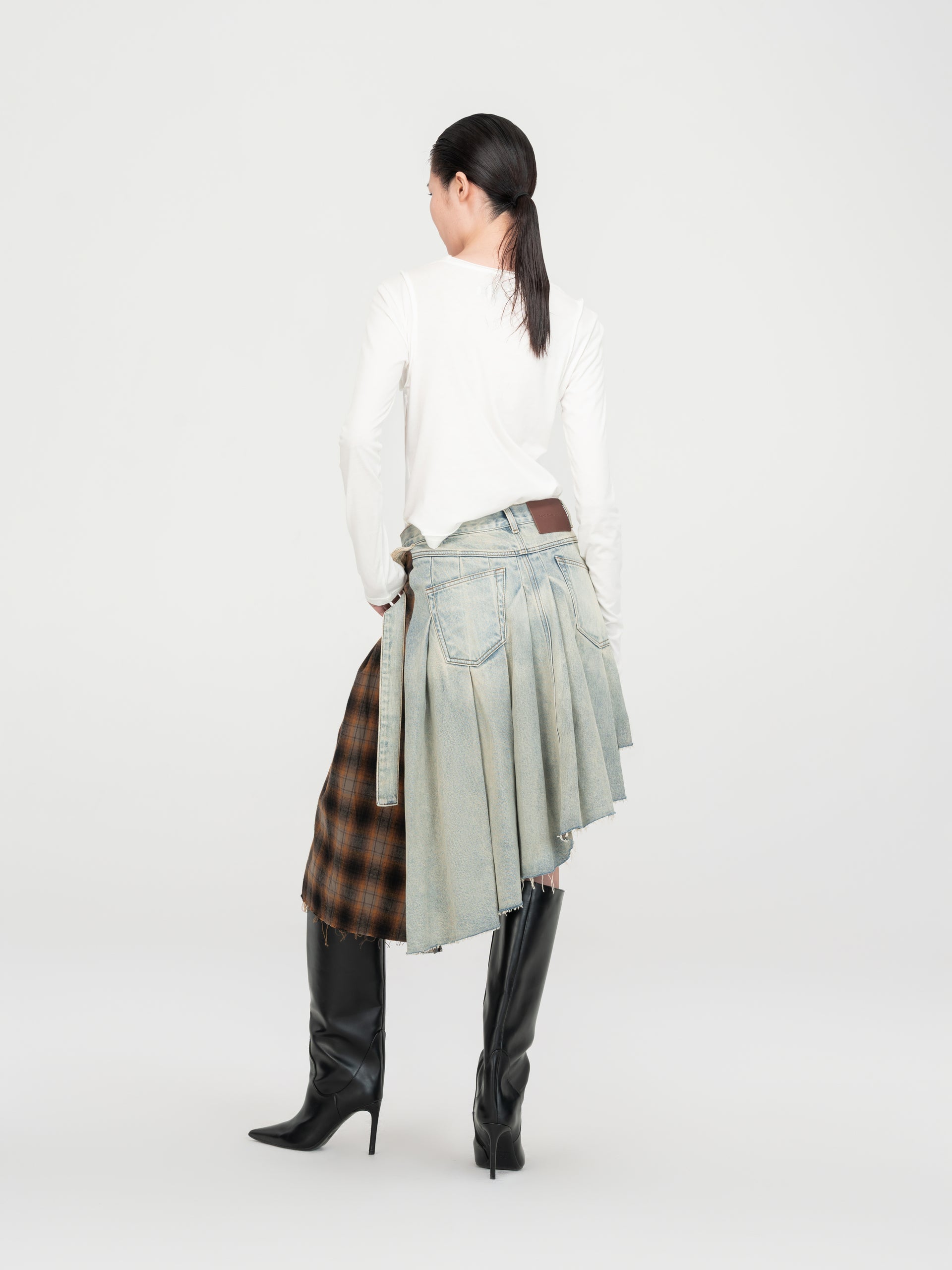 DECONSTRUCTED DENIM & PLAID WRAP SKIRT