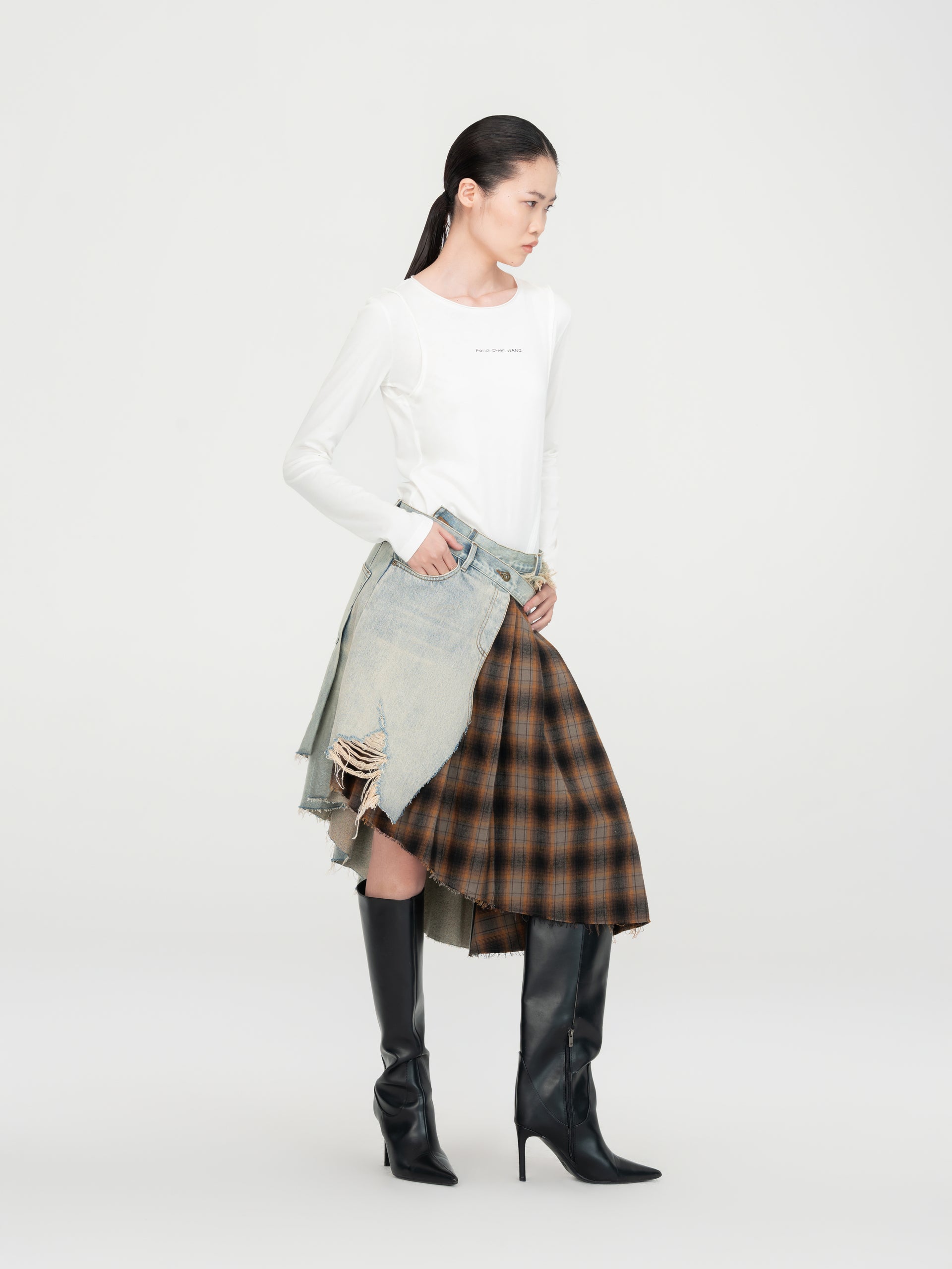 DECONSTRUCTED DENIM & PLAID WRAP SKIRT