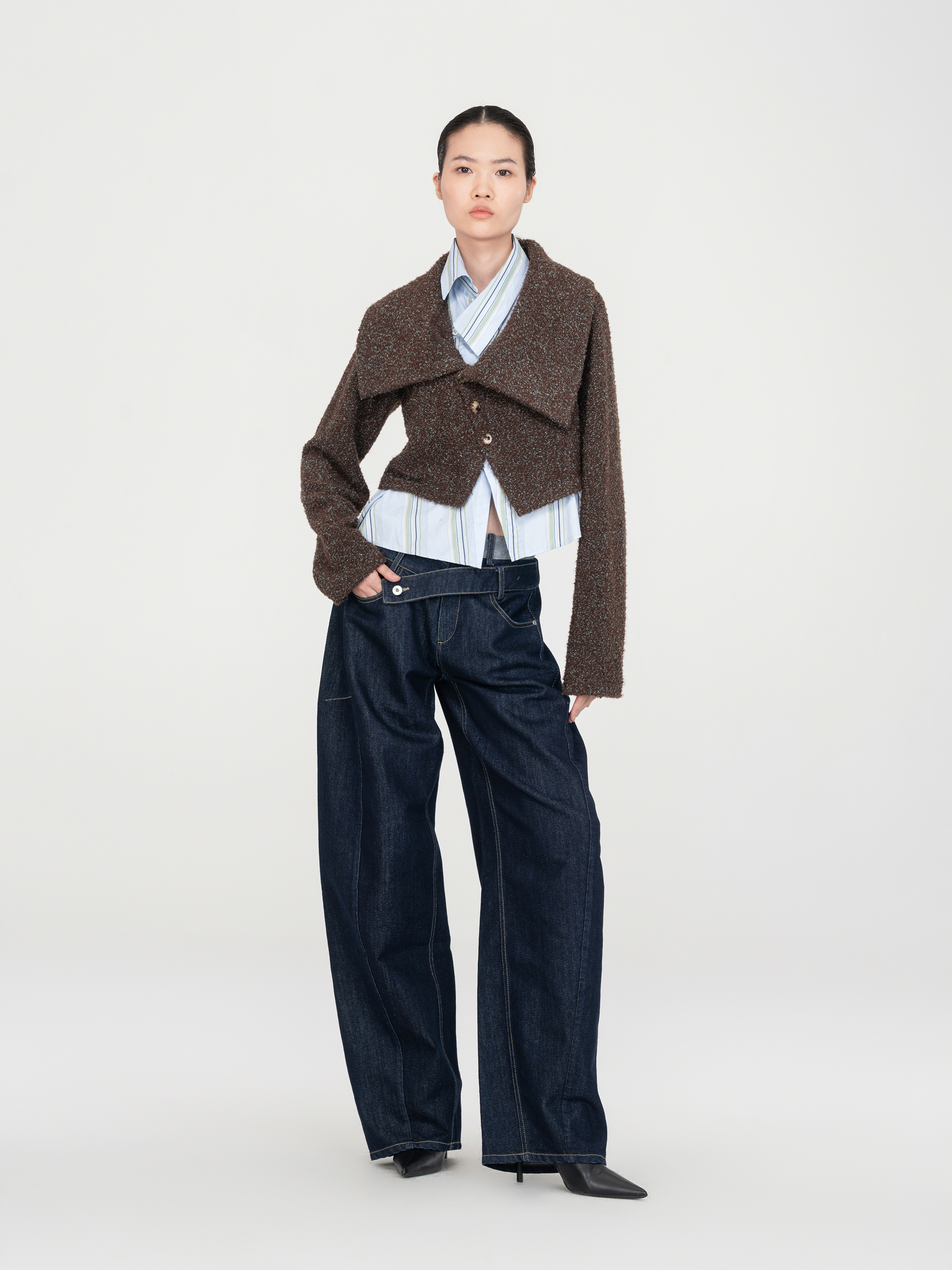 FAUX LAYERED KNIT CARDIGAN WITH SLANTED PLACKET