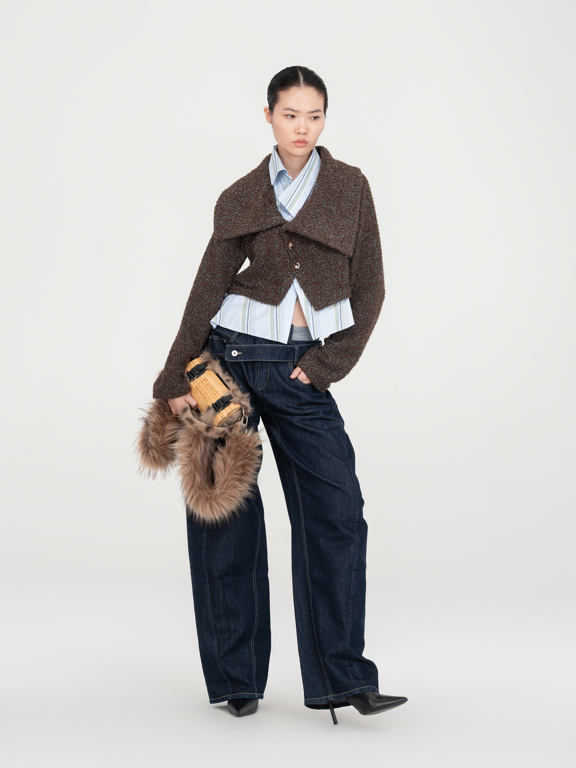 FAUX LAYERED KNIT CARDIGAN WITH SLANTED PLACKET