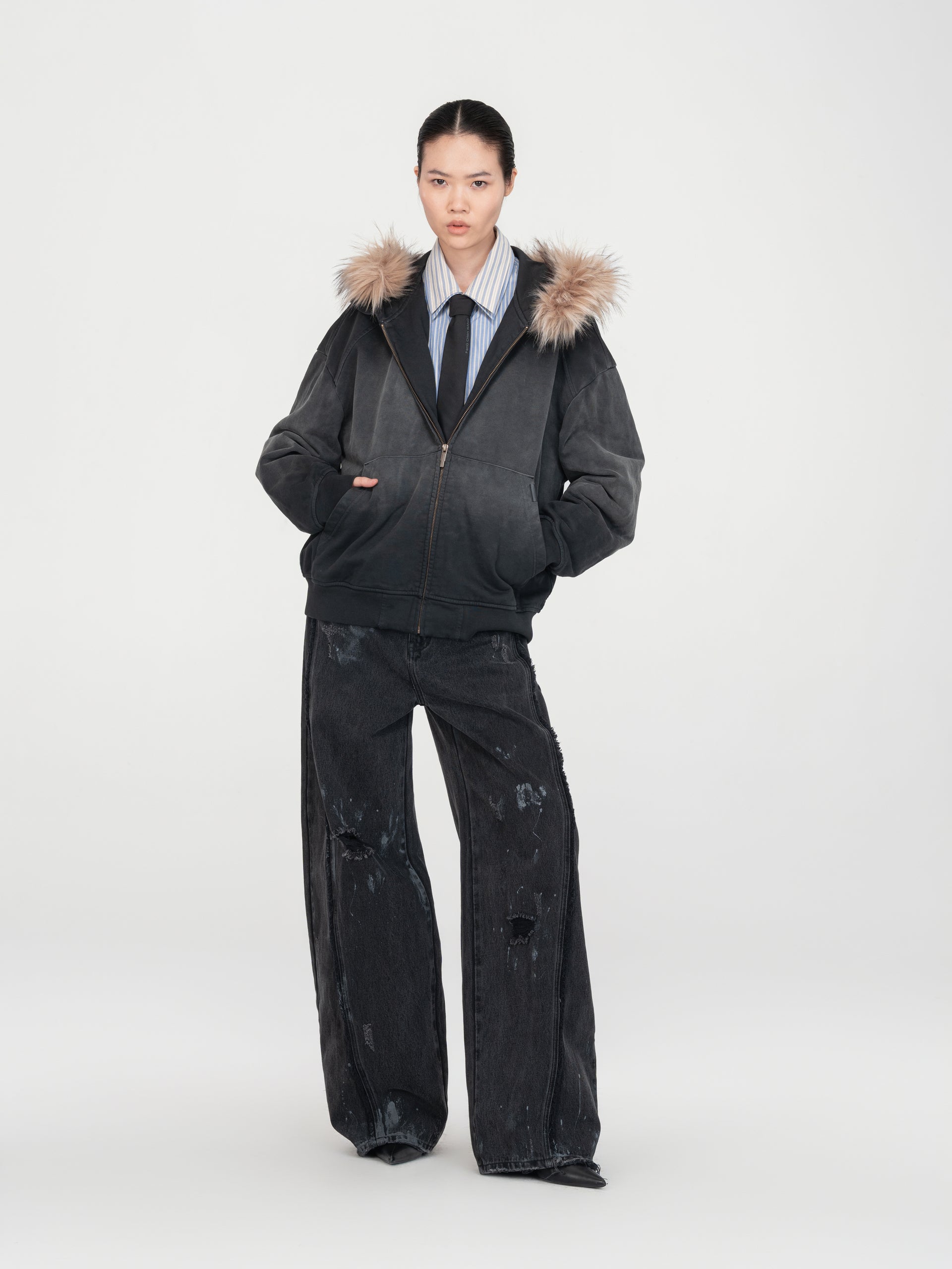 BLACK-GREY WASHED FUR-TRIM ZIP-UP HOODIE