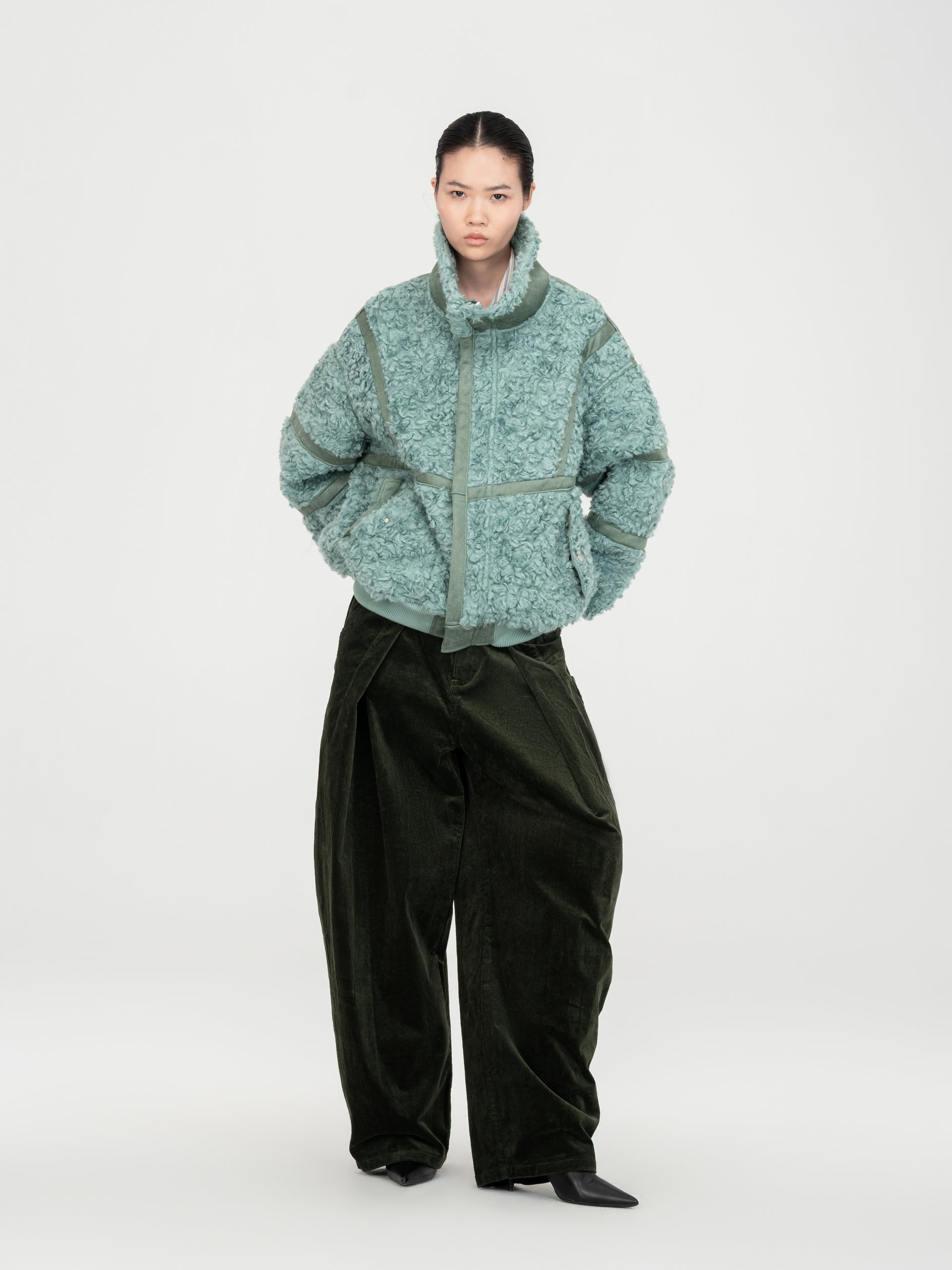 REVERSIBLE FAUX SHEARLING STAND-COLLAR JACKET