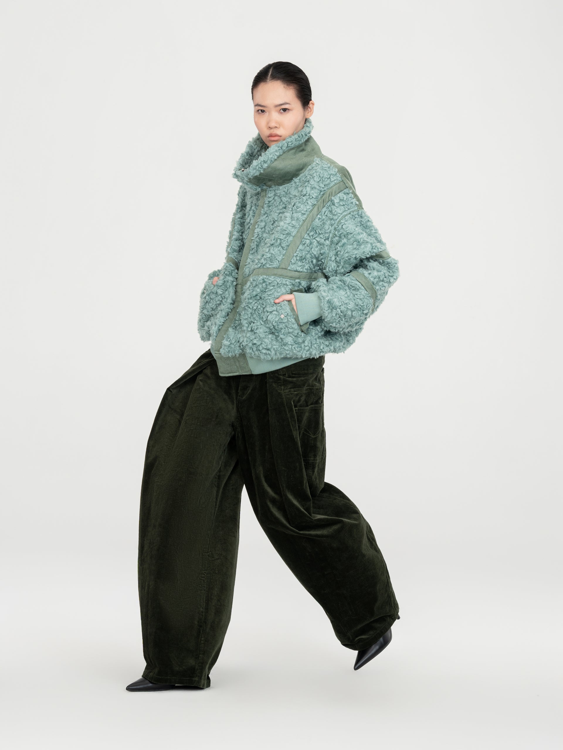 GREEN WASHED CORDUROY DECONSTRUCTED PANTS