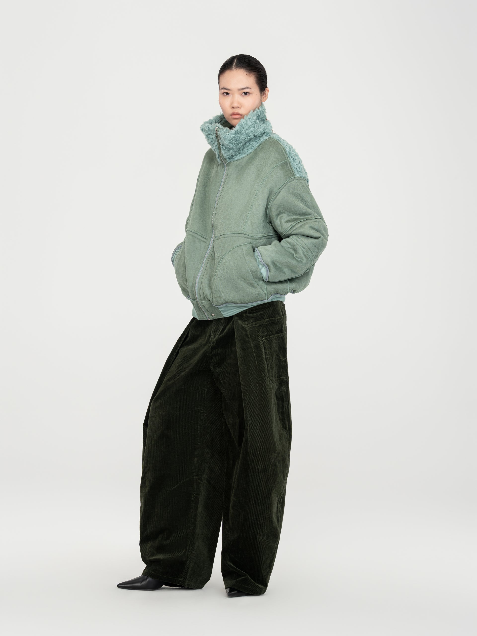 REVERSIBLE FAUX SHEARLING STAND-COLLAR JACKET
