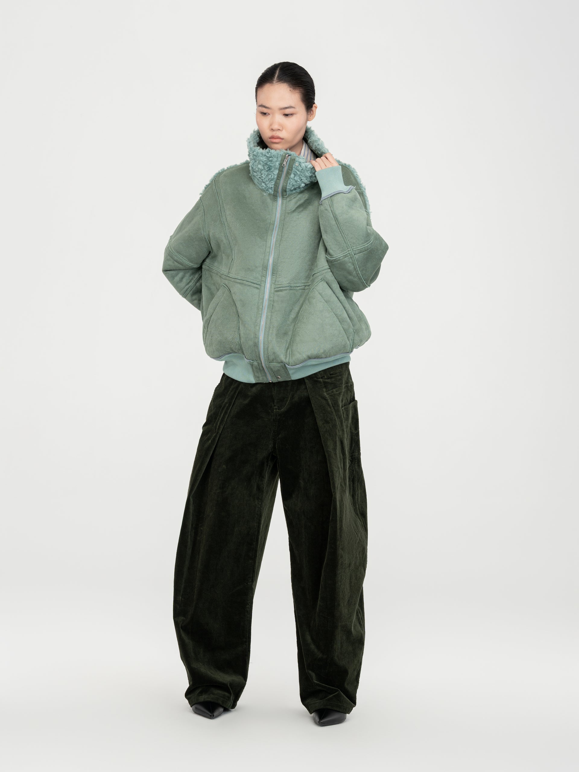 REVERSIBLE FAUX SHEARLING STAND-COLLAR JACKET