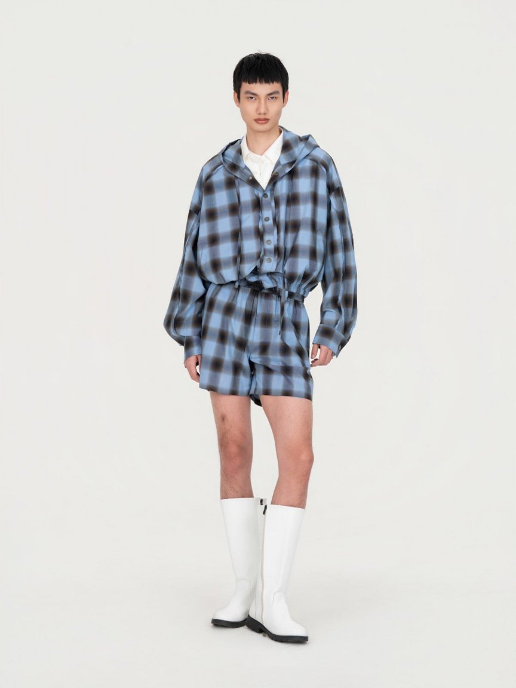 BLUE CHECK HOODED JACKET