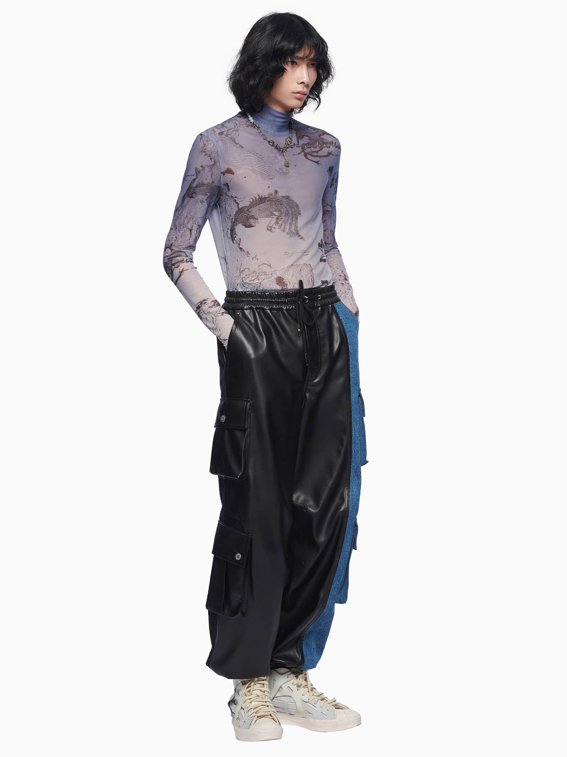FAUX LEATHER DENIM CARGO PANTS - Feng Chen Wang
