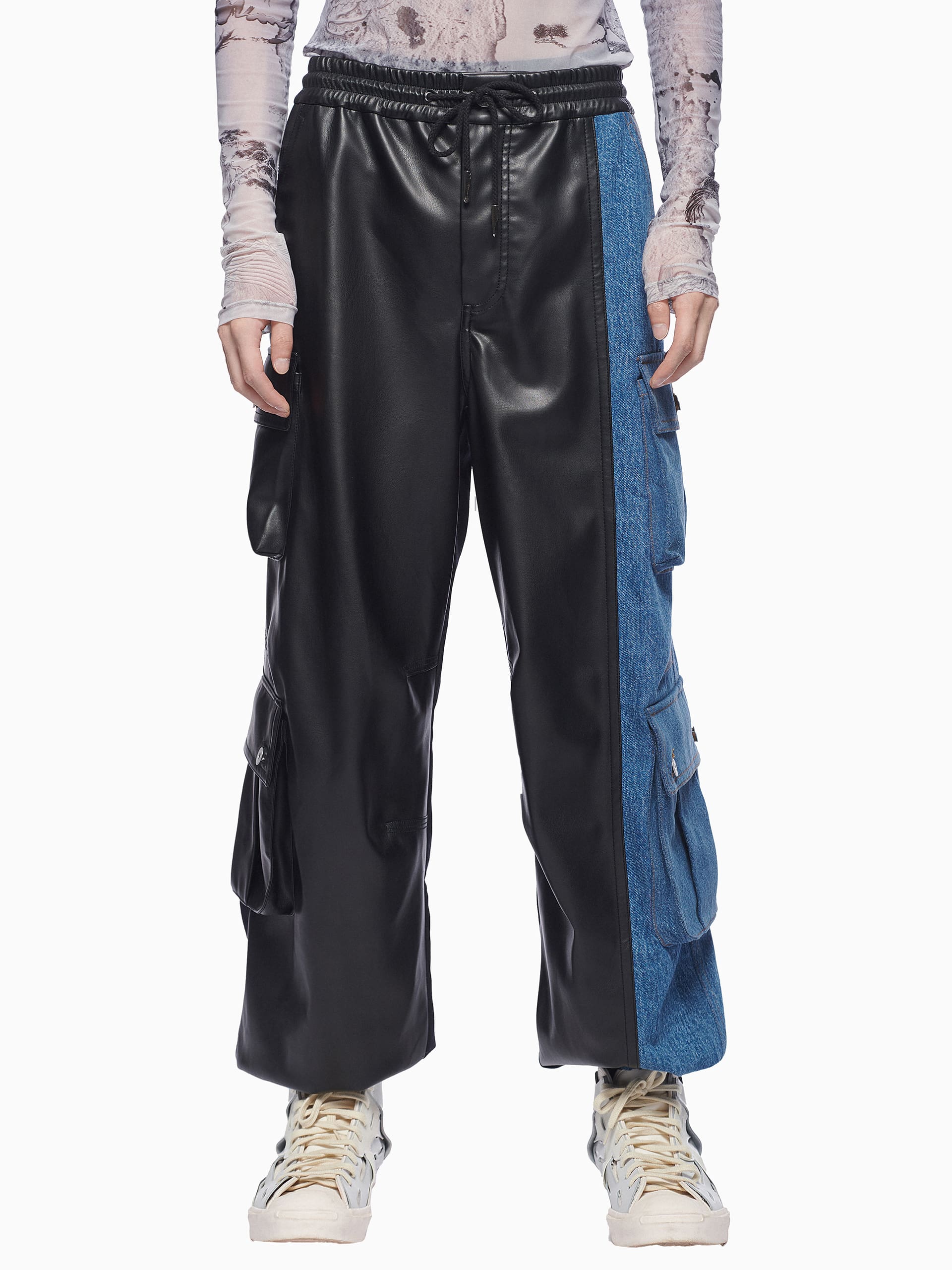 FAUX LEATHER DENIM CARGO PANTS - Feng Chen Wang