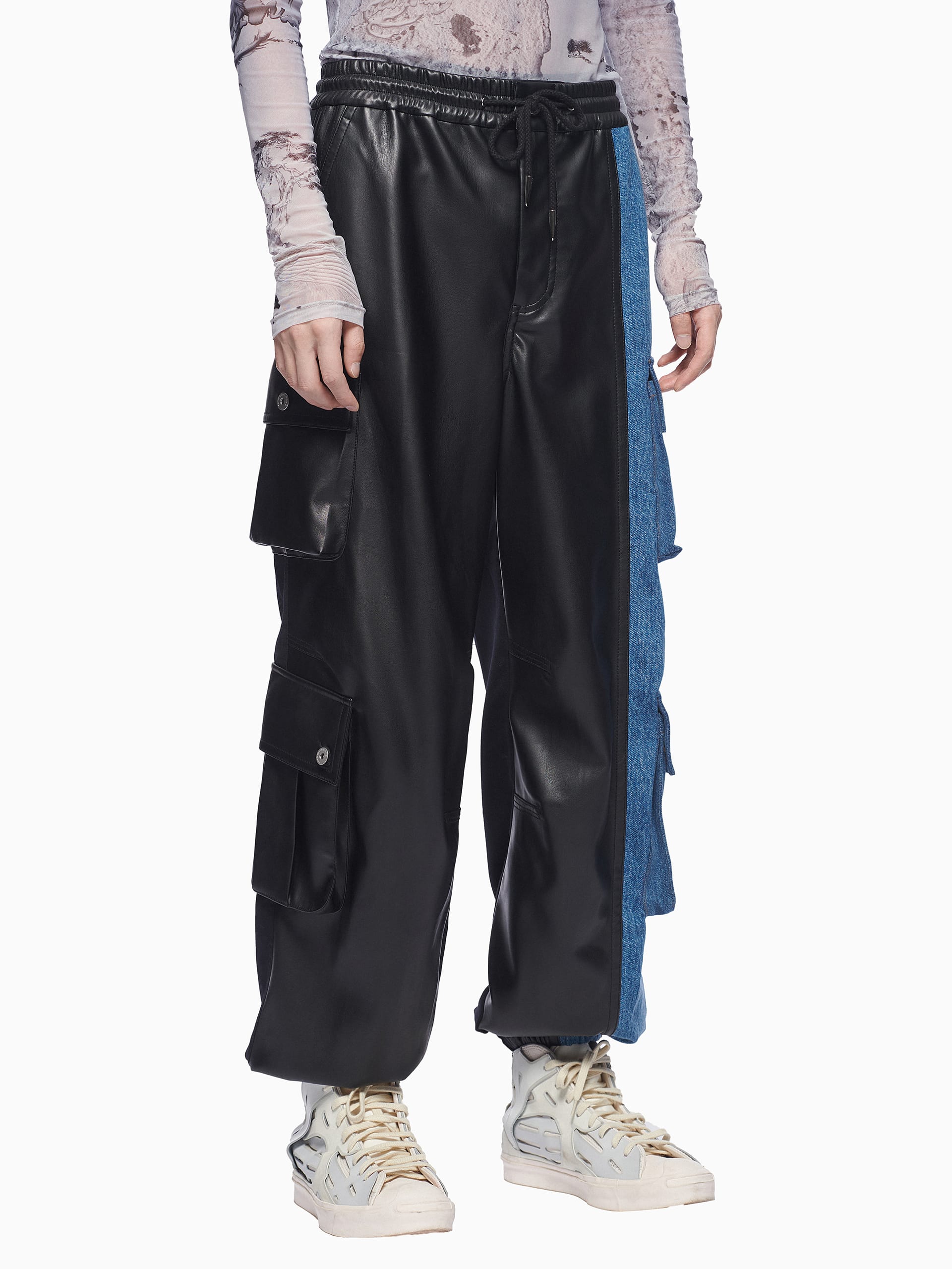 FAUX LEATHER DENIM CARGO PANTS - Feng Chen Wang