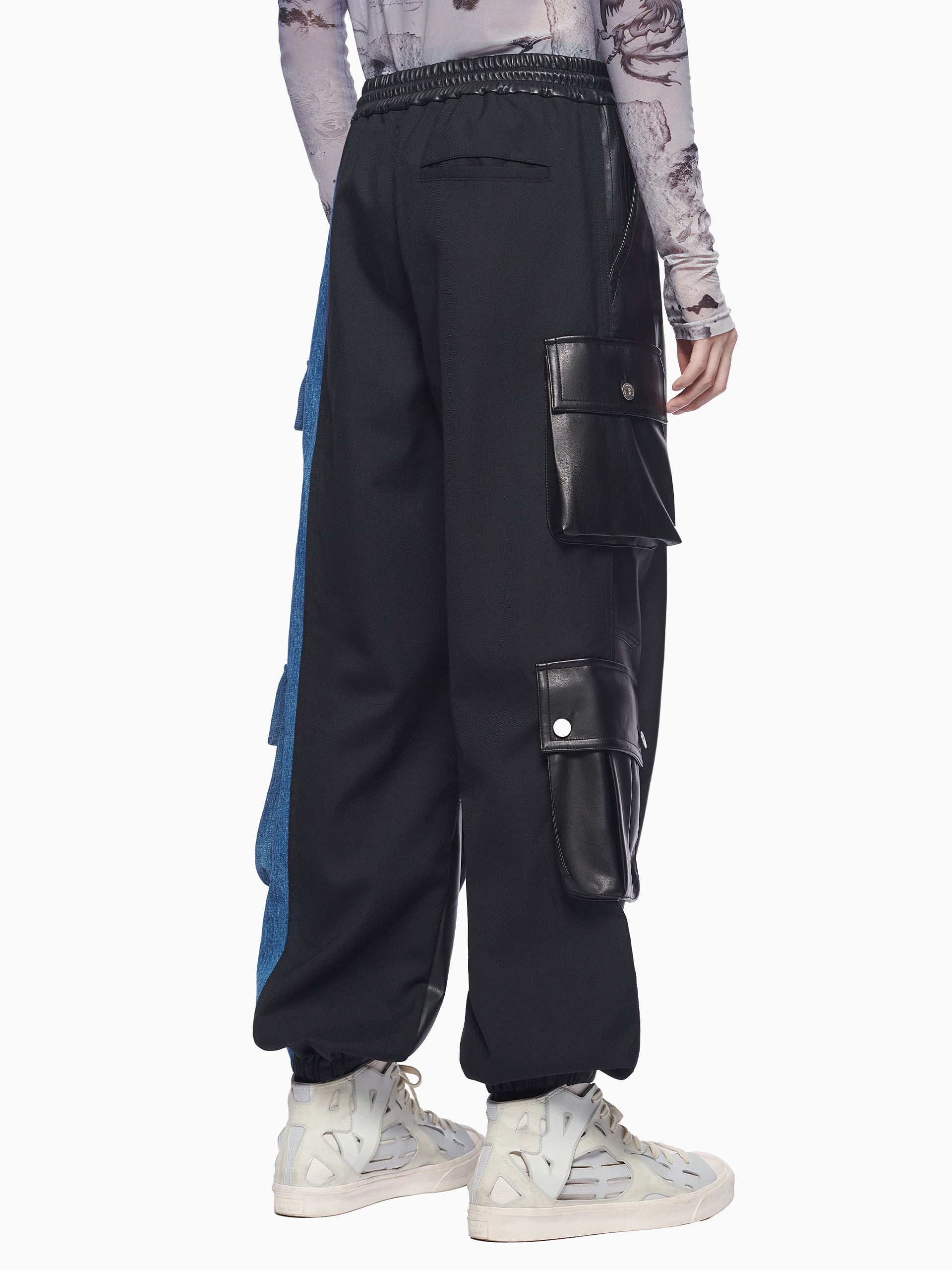 FAUX LEATHER DENIM CARGO PANTS - Feng Chen Wang