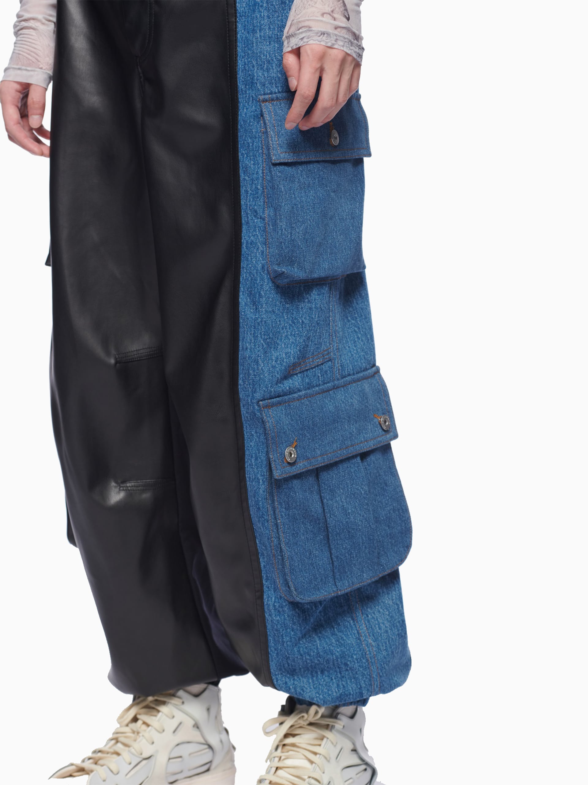 FAUX LEATHER DENIM CARGO PANTS - Feng Chen Wang